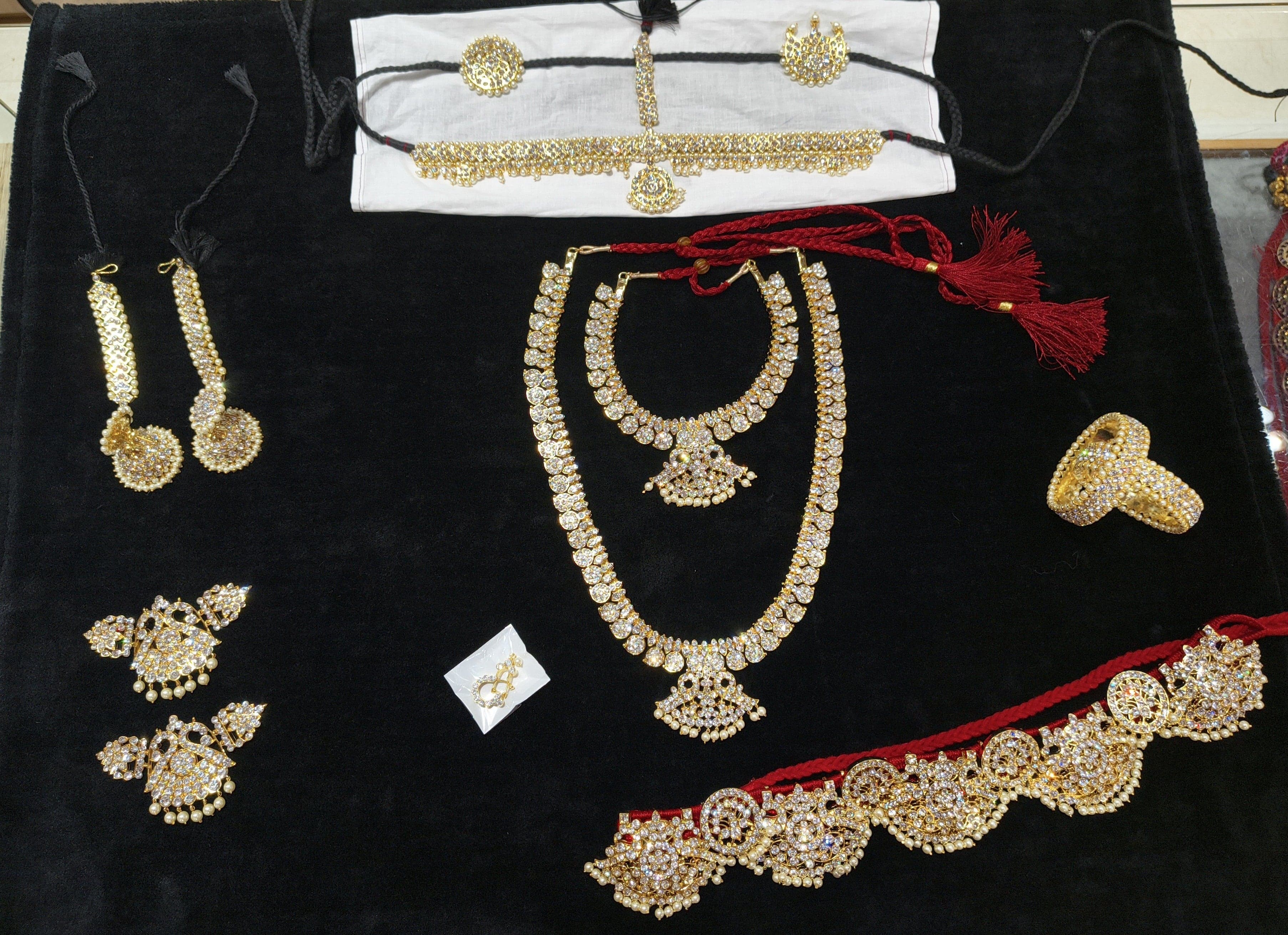 Close-up of Bharatanatyam jewellery set. See the detail in this copper-based temple jewellery.