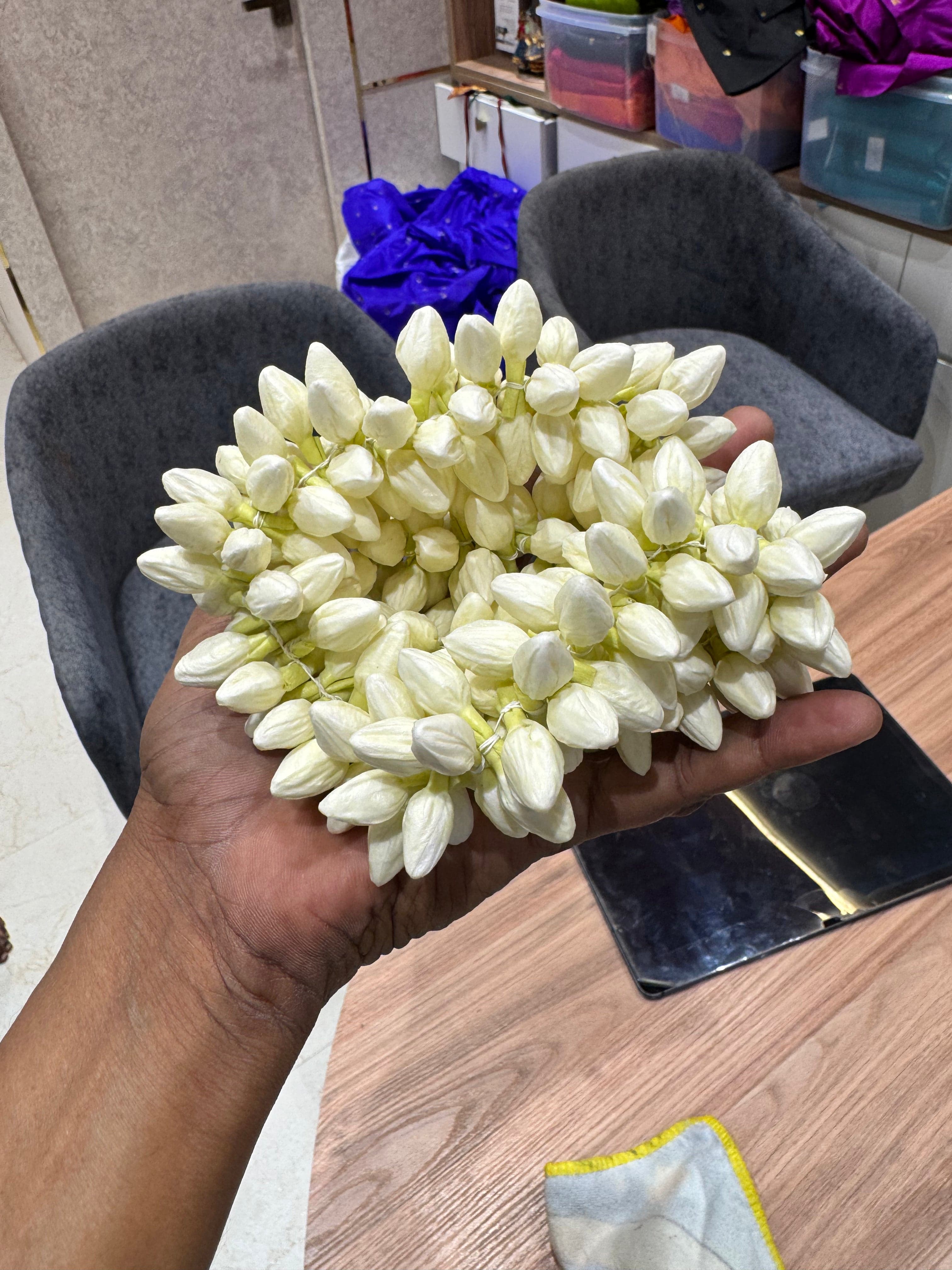 Foam jasmine flowers garland. Perfect for weddings and Bharatanatyam hairstyles.