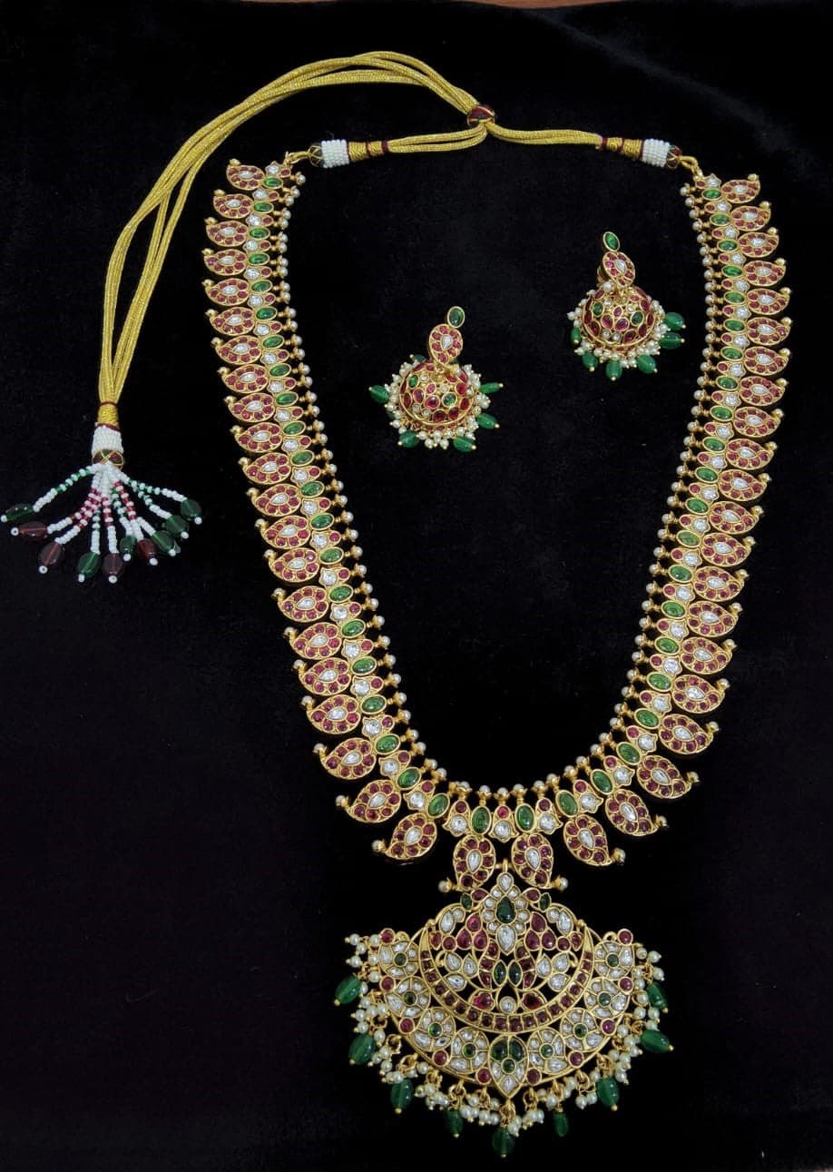 Antique Mango Malai Set: Copper long chain & jhumkis, showcasing unique traditional craftsmanship and stone details.