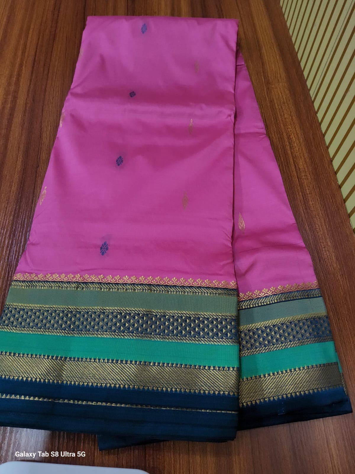 Pink Madi Saree with green border. Readymade semi silk saree for women.