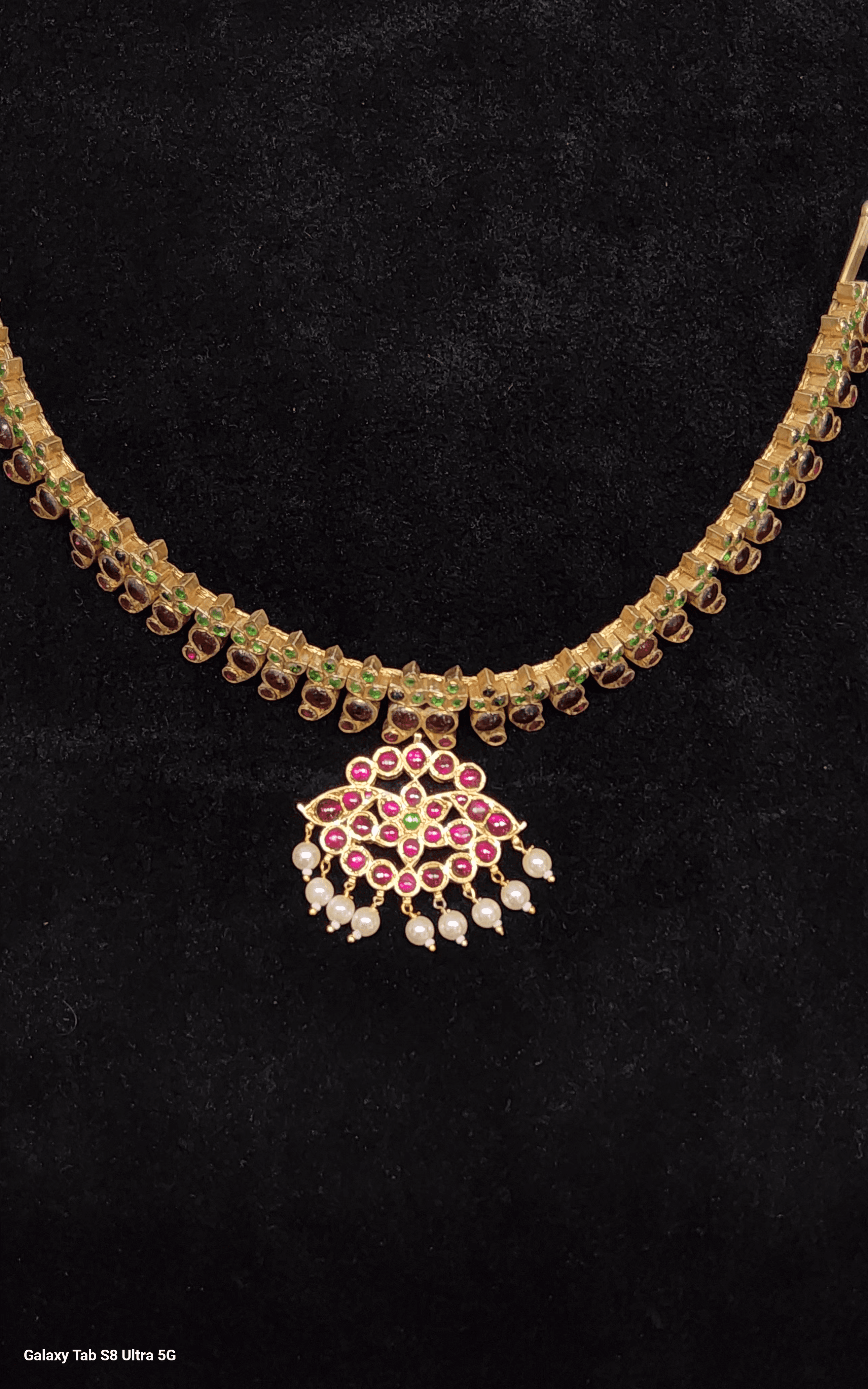 Close-up of Surul Mango Malai, Temple Jewelry. Pure silver gold leafed necklace for Kuchipudi