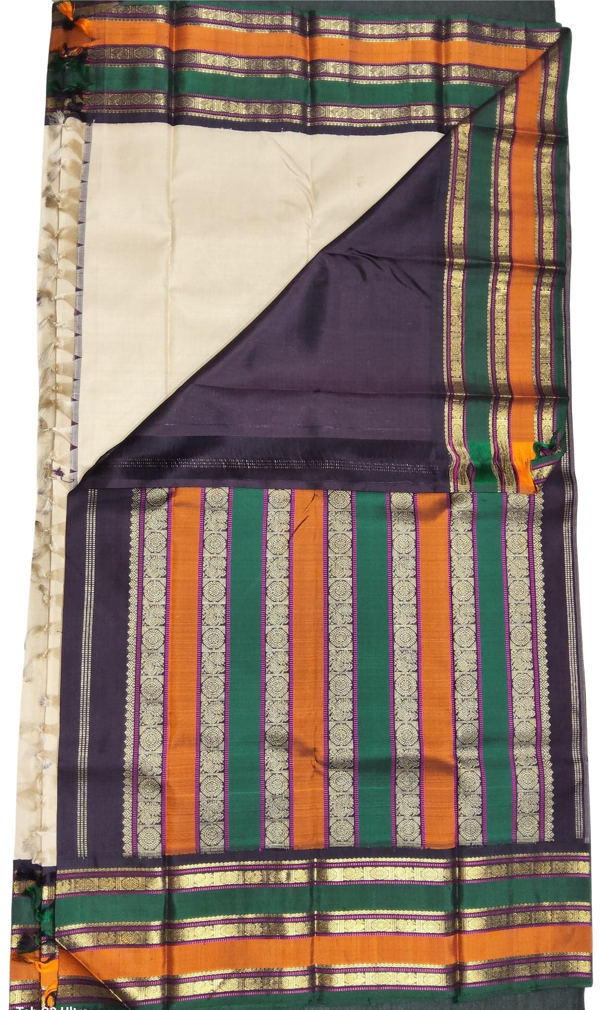 Half White Kanchipuram Silk Saree. Full view with multi-color pallu. Wedding & Arangetram saree.