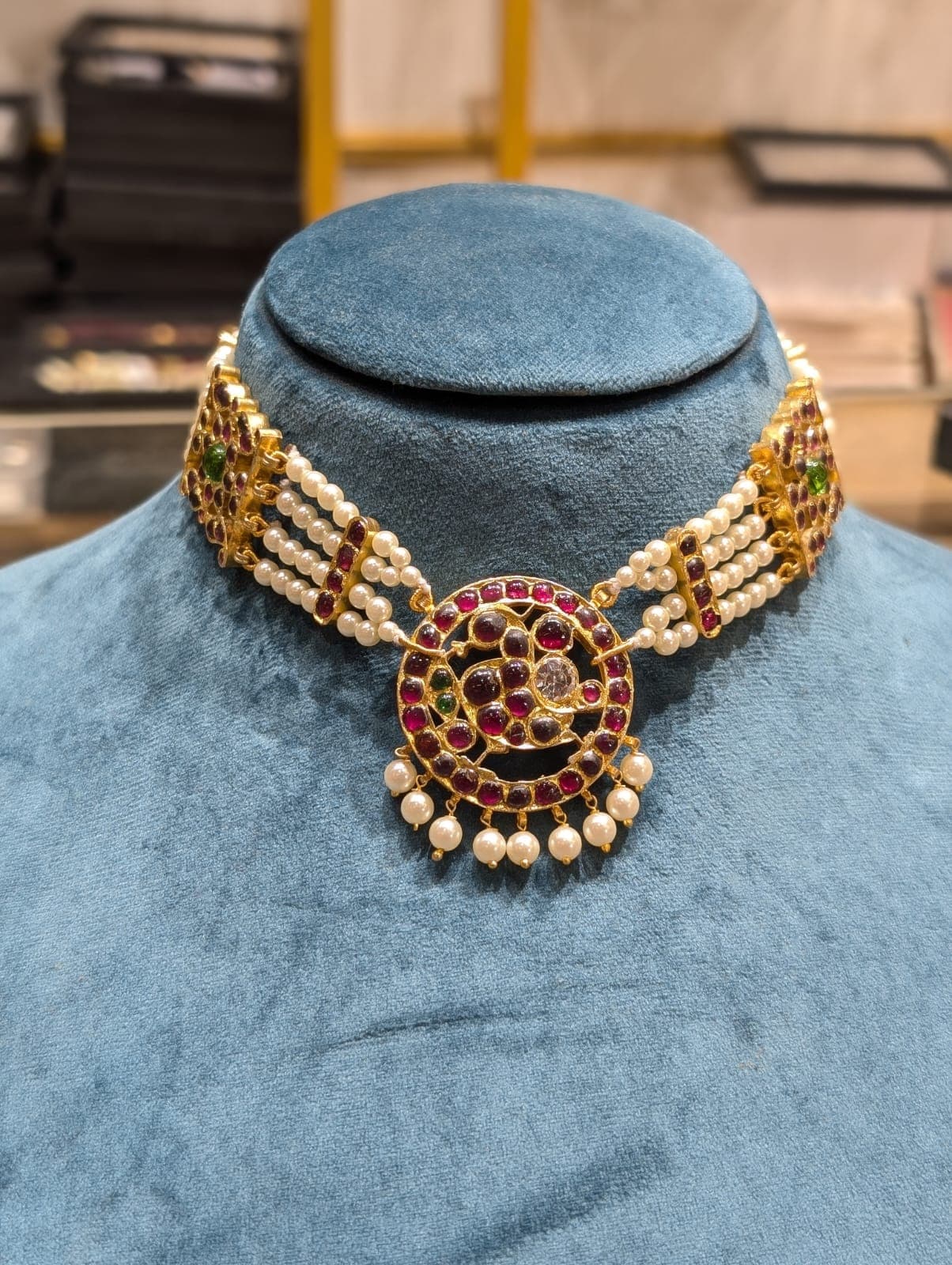 Elegant Pearl Swan Choker: 24k gold-plated Temple Jewellery for classical dance.