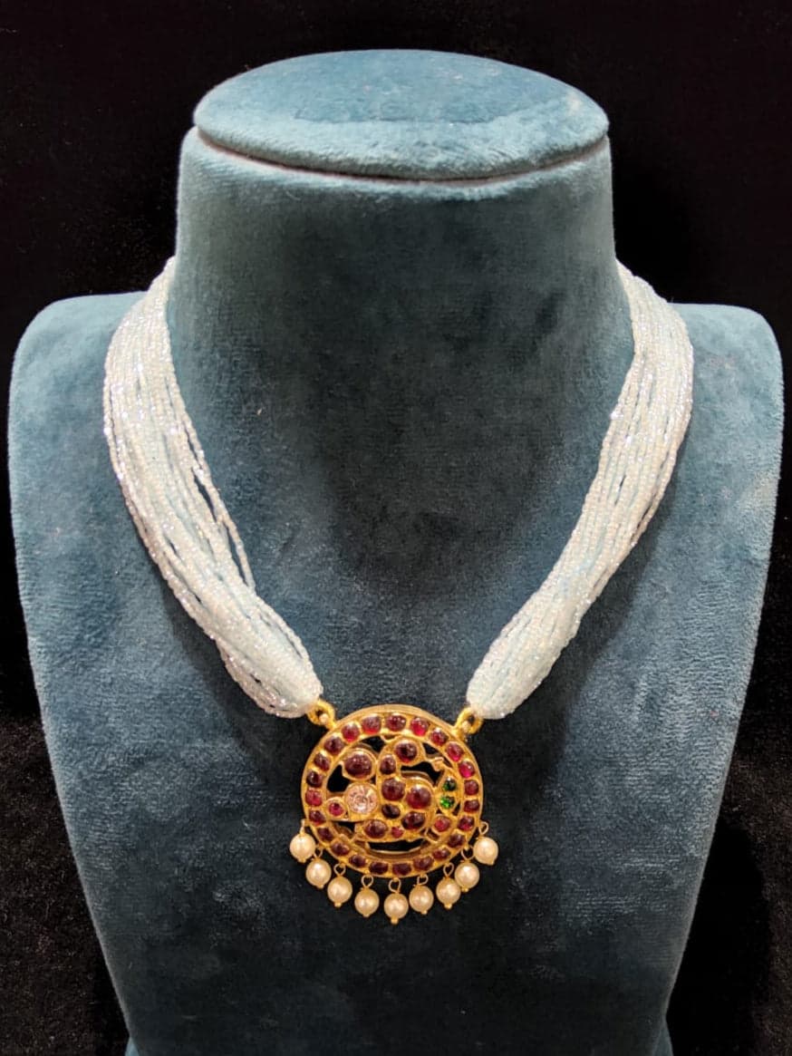 Original Temple jewellery beaded necklace: silver base gold leaf, full view.
