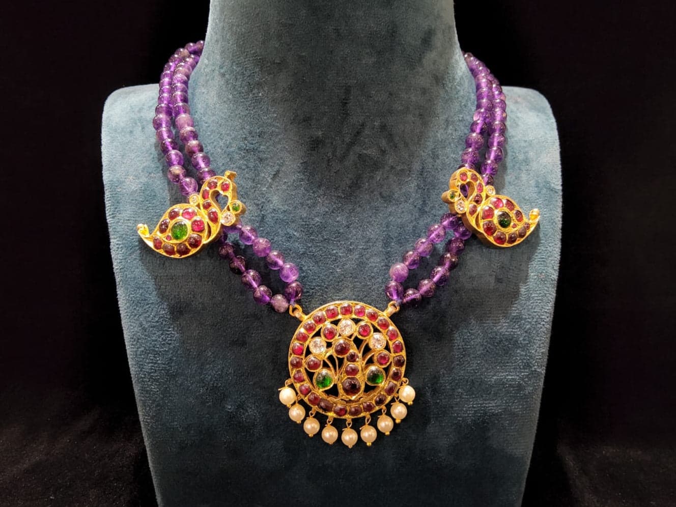 Beaded Temple Necklace: silver base gold leaf kemp stones, Bharatanatyam jewellery.