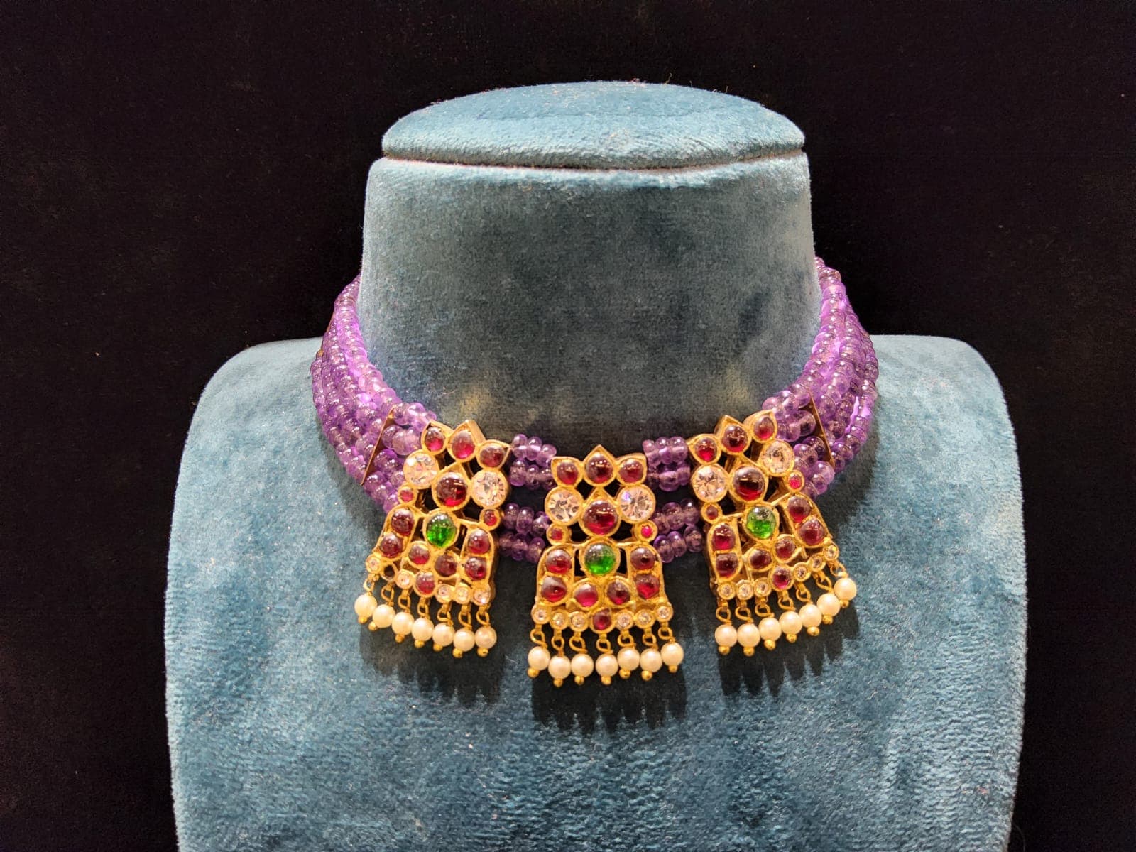Original Temple jewellery, beaded necklace, silver base gold leaf, Bharatanatyam jewellery.