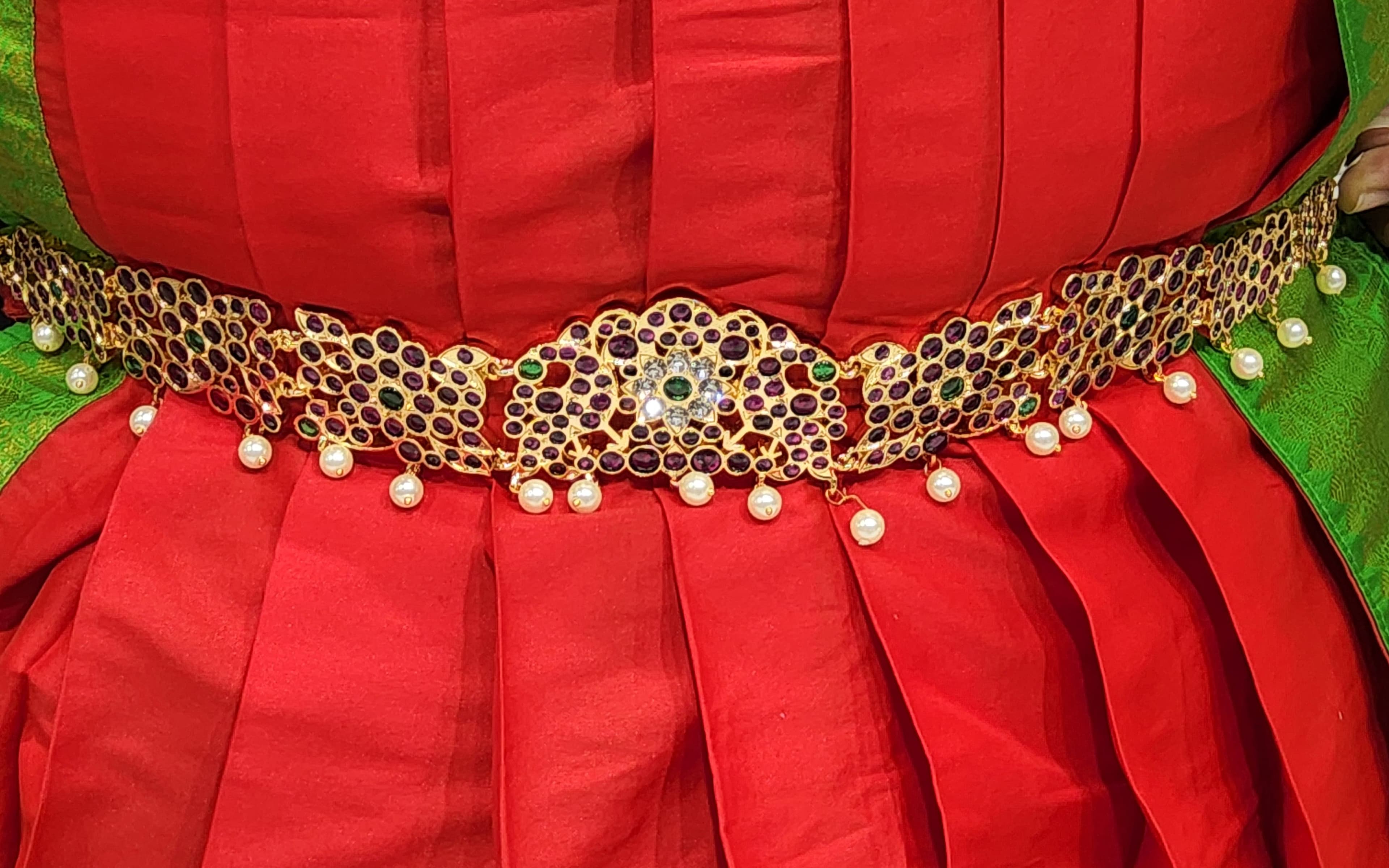 Copper dance belt, Margam: Secure fit, stylish glass detailing for Indian dance.