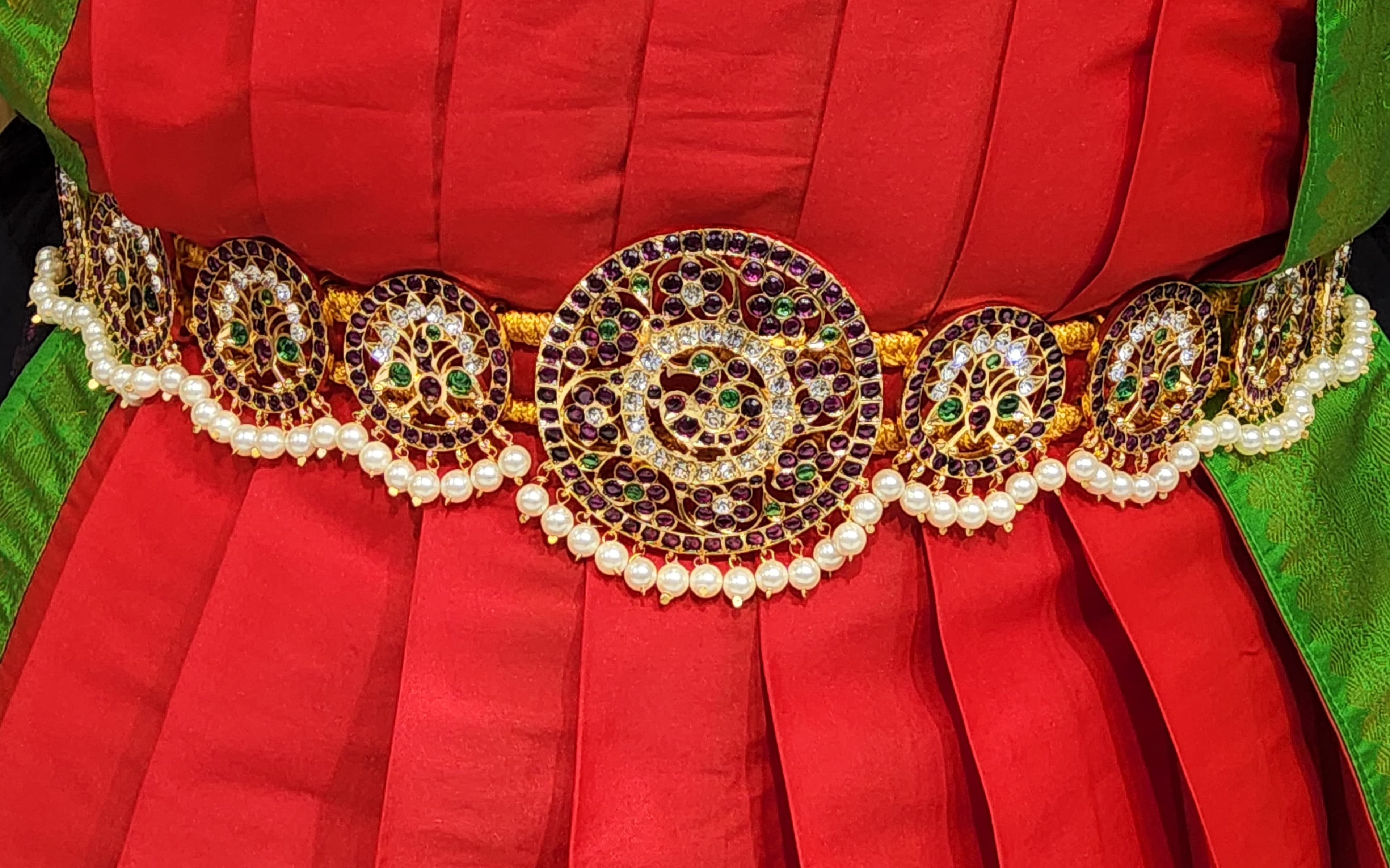 Copper Belt by Margam: Close-up of intricate glass stone detailing on dance belt.
