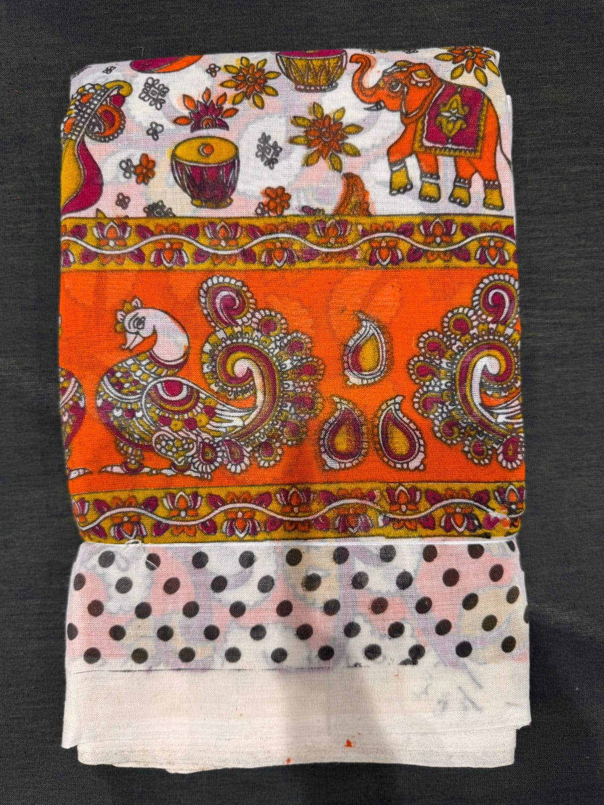 Kalamkari Bharatanatyam costume saree with blouse piece. Cotton blend fabric for dance.