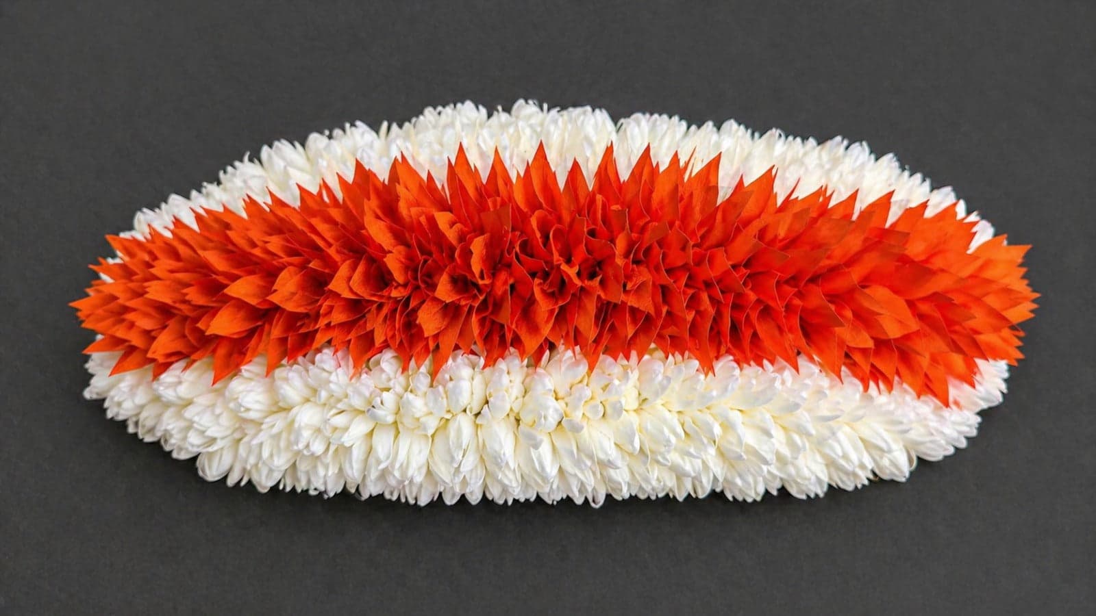 Bharatanatyam accessories: Close-up of artificial jasmine flowers Pattai hair bun decoration.
