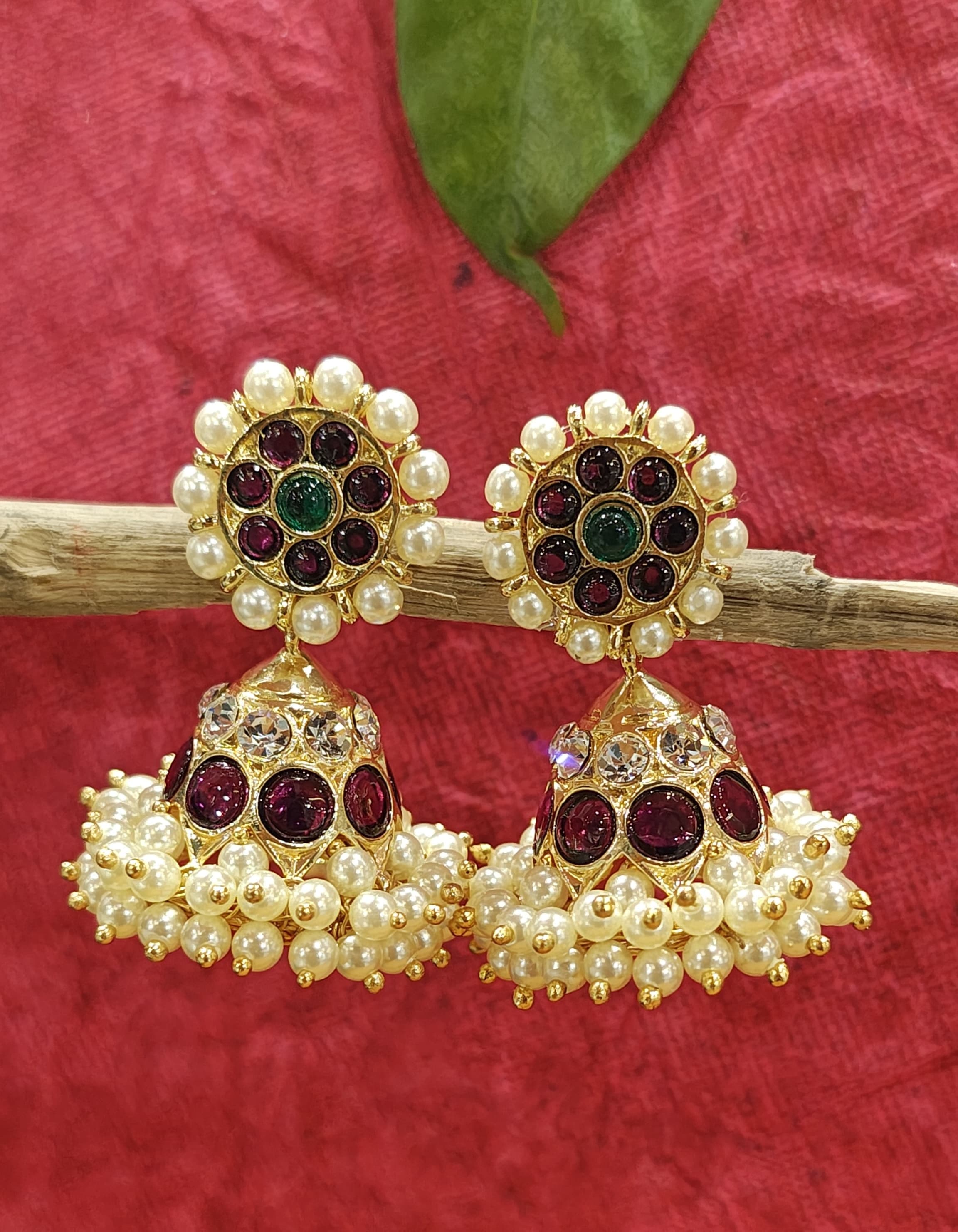 Temple jewellery Jummiki, silver base gold leaf, traditional Indian dance earrings.