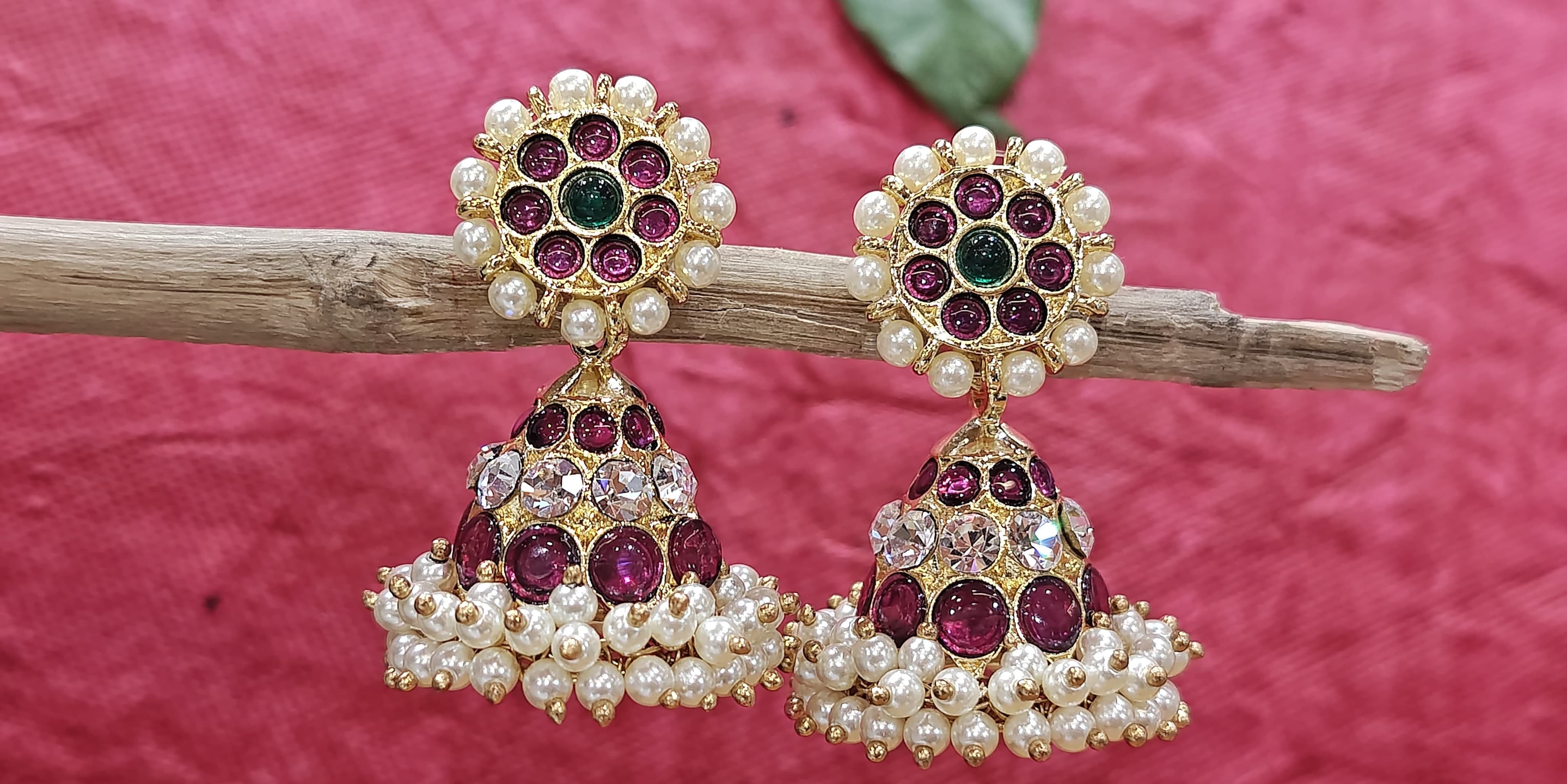 Bharatanatyam jewellery, Jummiki Margam, silver base gold leaf, kemp stone detailing.