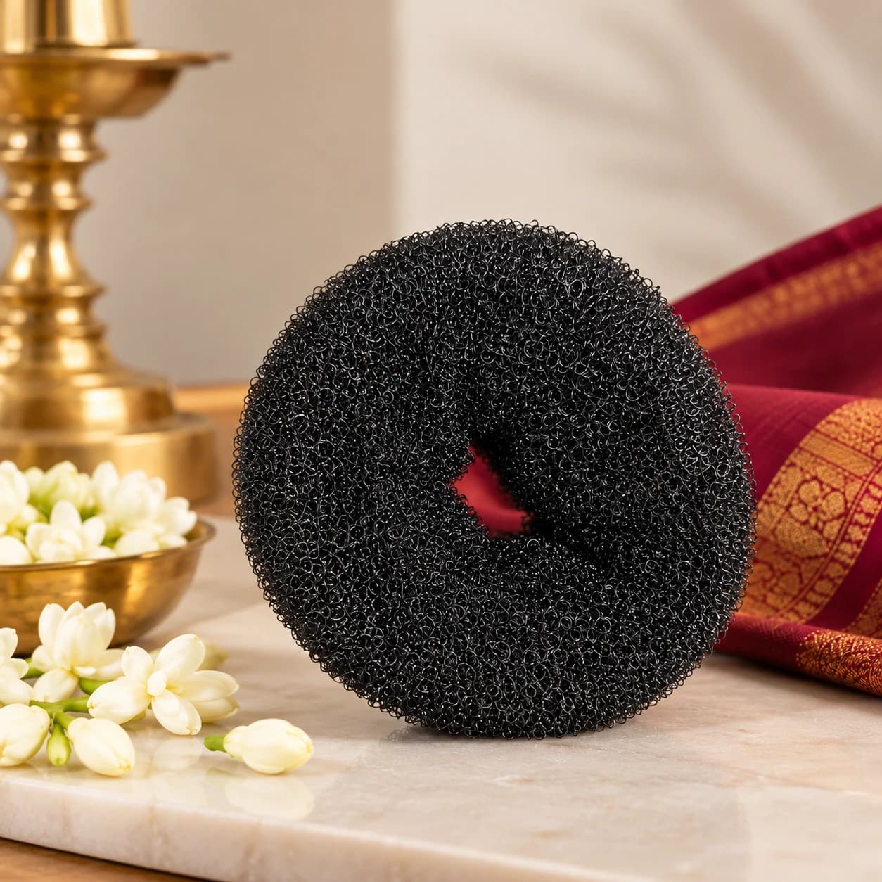 Black Shanthitailors Hair Ring on marble, with jasmine flowers, brass lamp, and red saree for traditional hair styling.