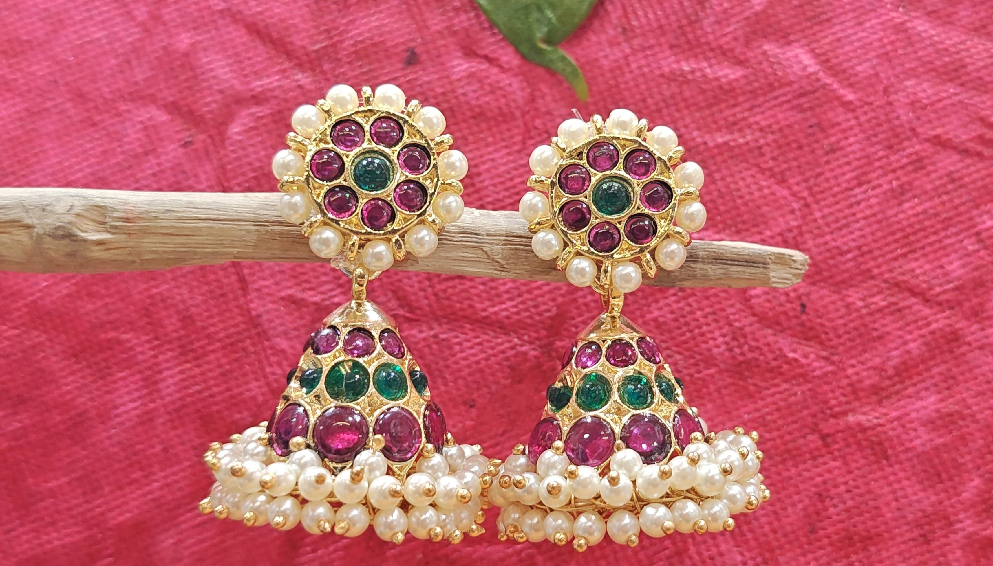 Temple Jummiki, silver base gold leaf finish, part of a Bharatanatyam jewellery set, side view.