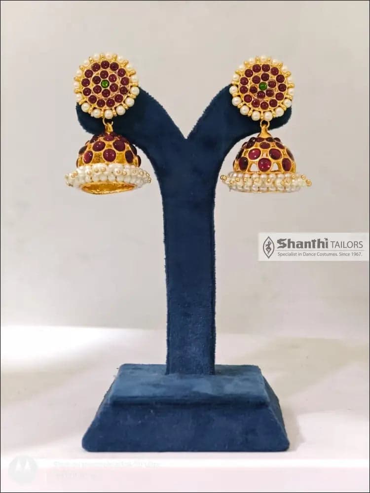 Big jummiki earrings, silver base gold leaf, temple jewelry style for Bharatanatyam.