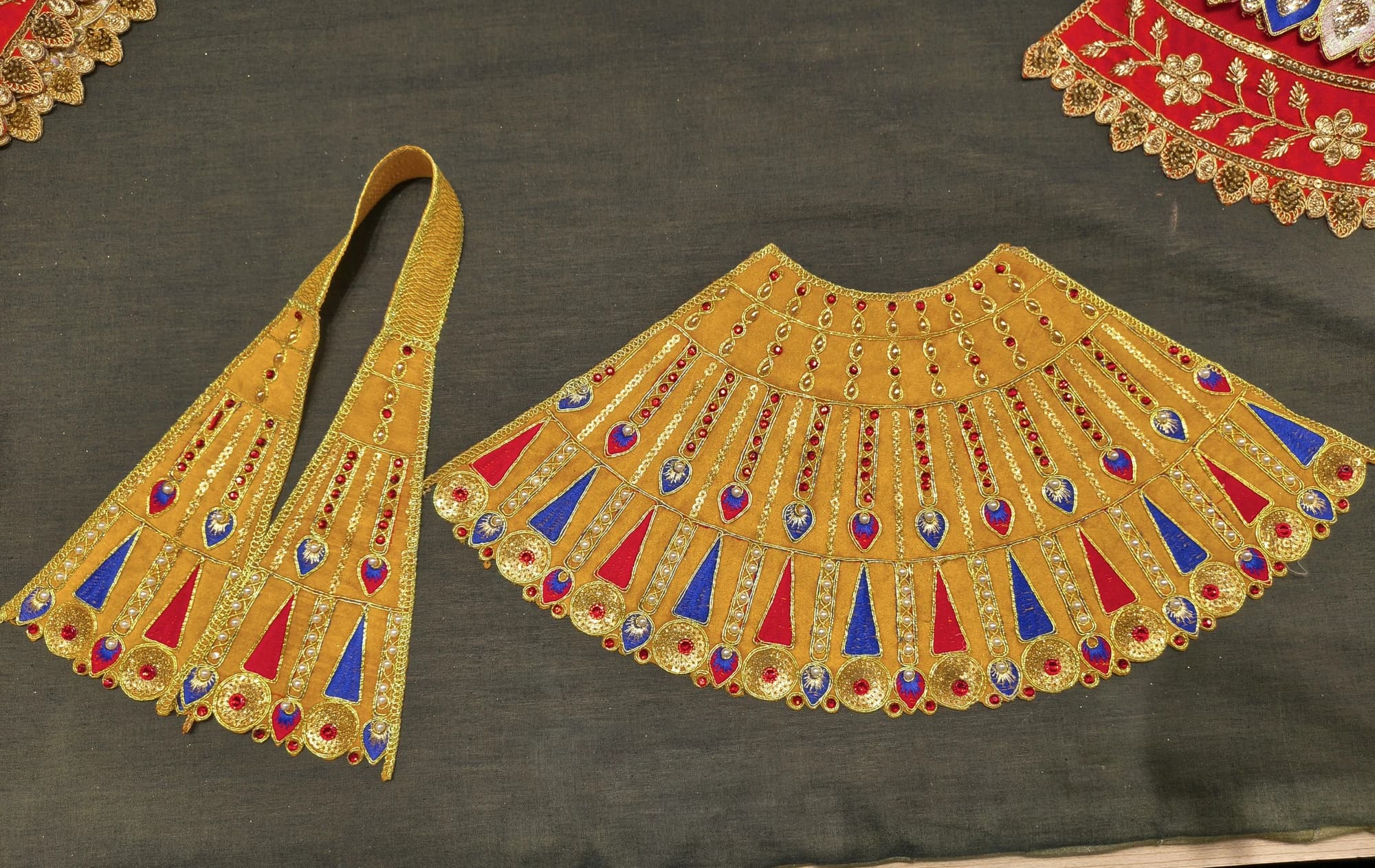 Amman Pavadai w Shawl sets for Navaratri. Gold, red, blue embroidered with gems.