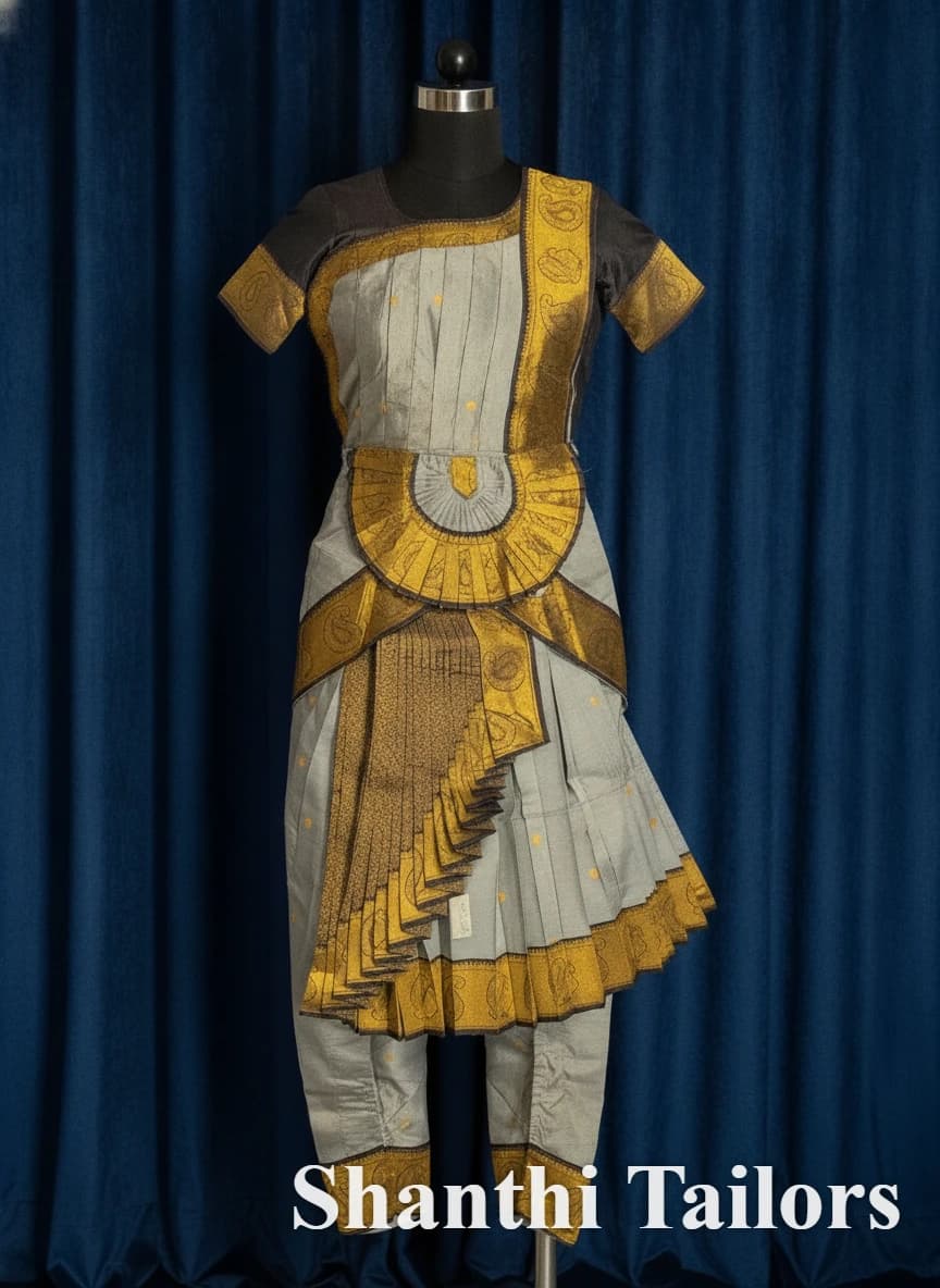 Grey 2-in-1 Readymade Pant Style Bharathanatyam costume w/ gold, subtle maroon accents. Blouse, Thavani & fans.