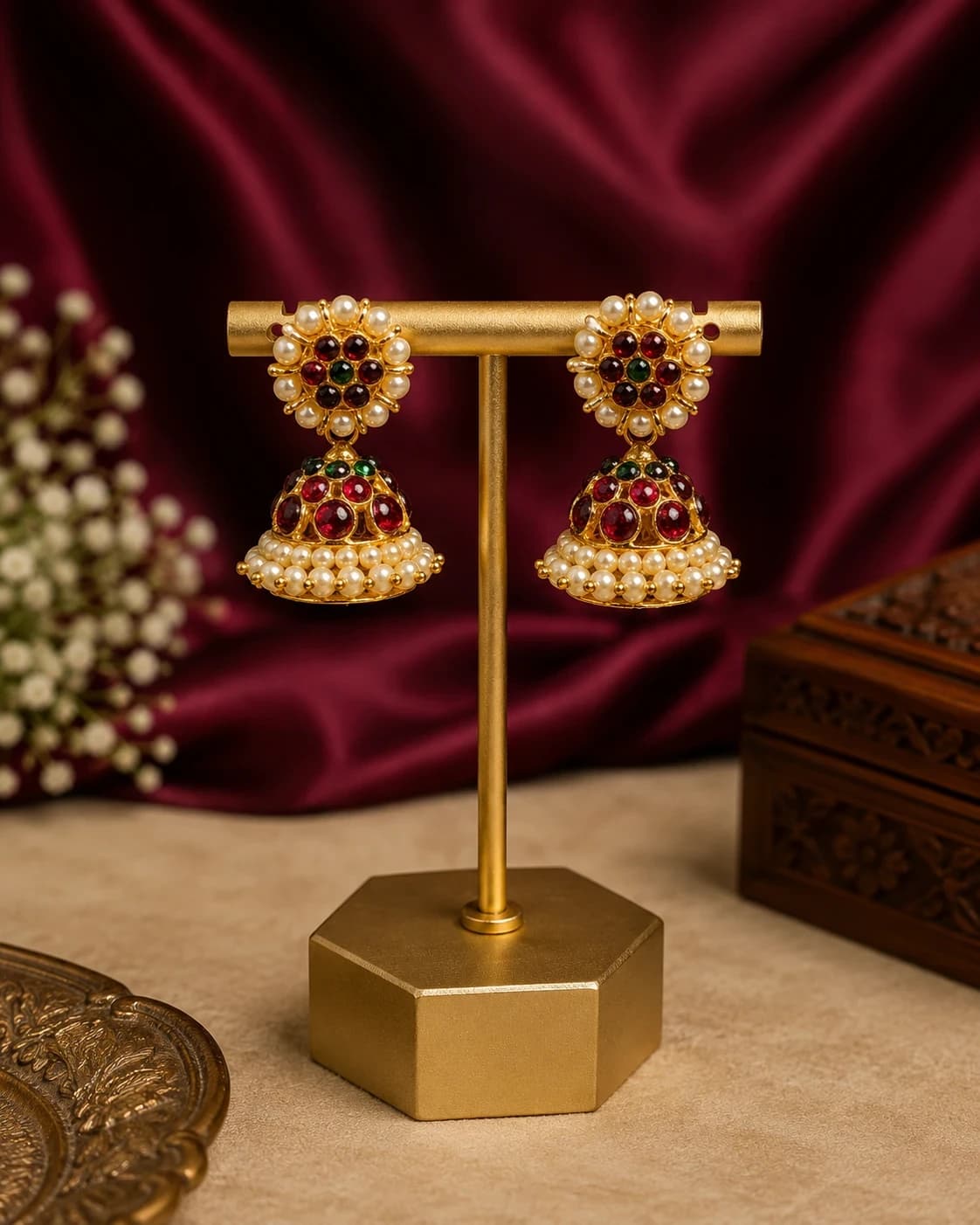 Imitation 3 Line Jummiki Earrings with red/green stones & pearls, ideal for Bharatanatyam.
