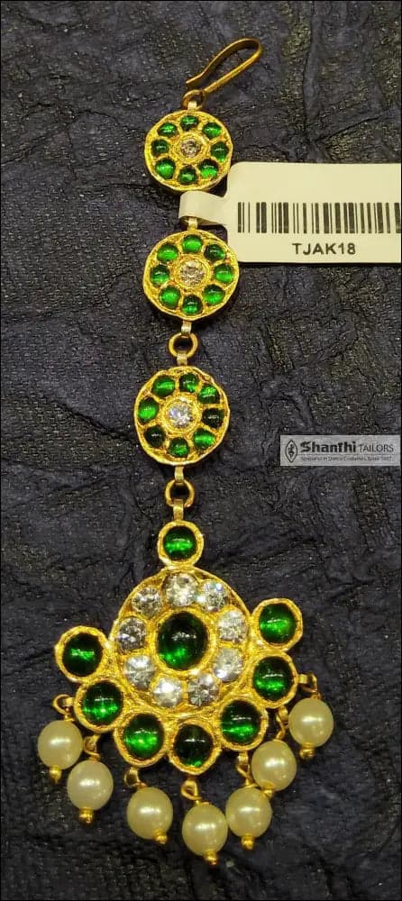 Green Stone Round Chutti Tikka: Original Temple Jewellery for classical dance, Bharatanatyam headpiece.