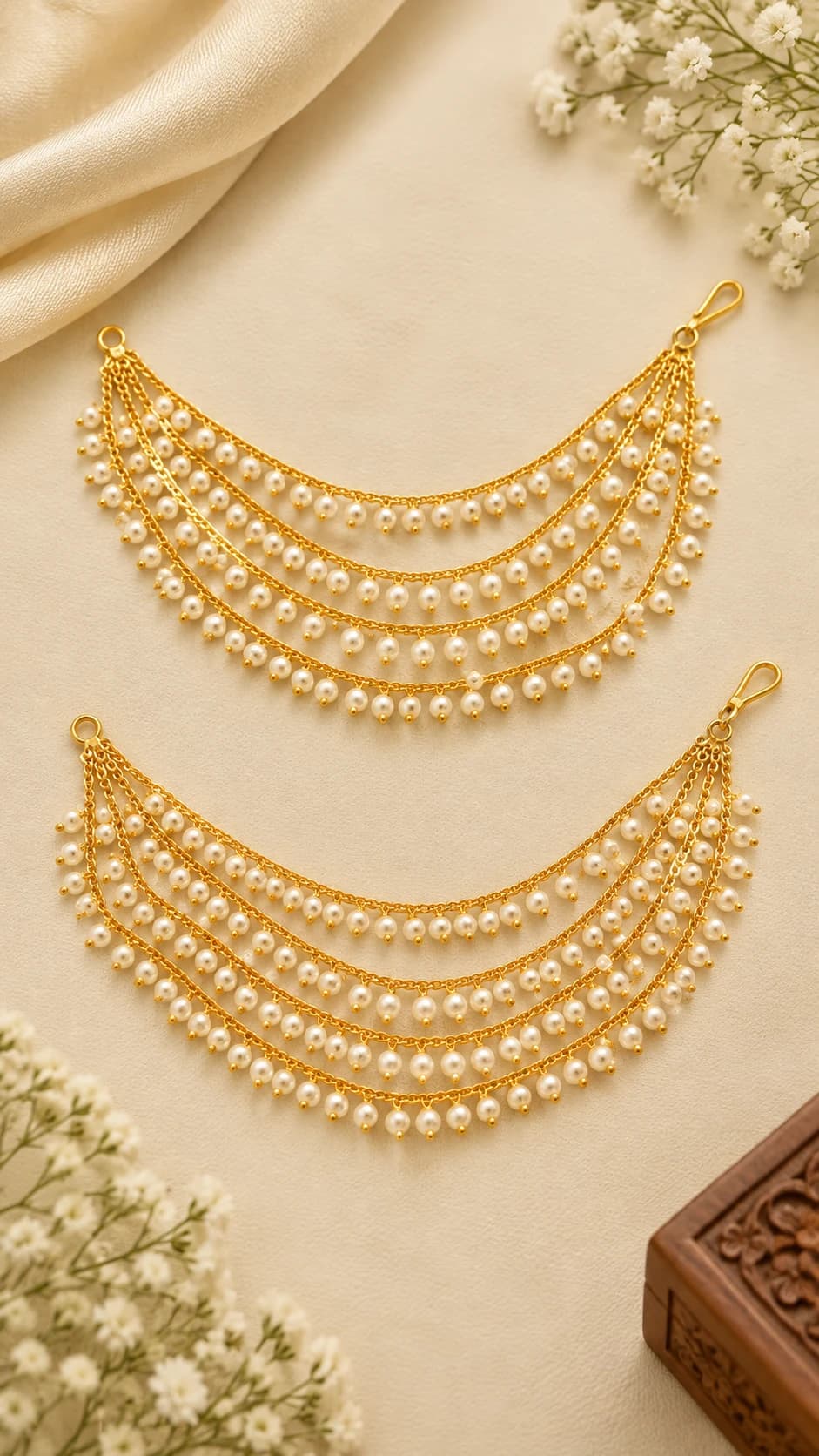 Two antique gold mattals with four tiers of pearl chains, elegant fashion jewellery on a cream background.