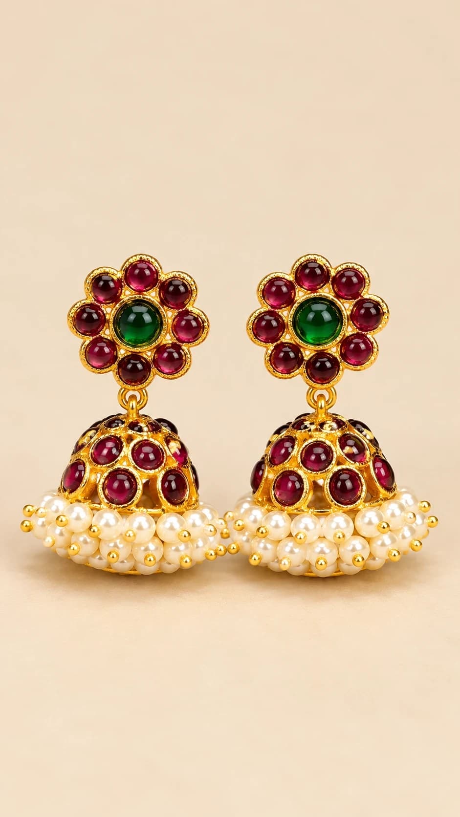 3 Line Jummiki Earrings: Bharatanatyam imitation jewellery with maroon stones, green center, and pearl drops.
