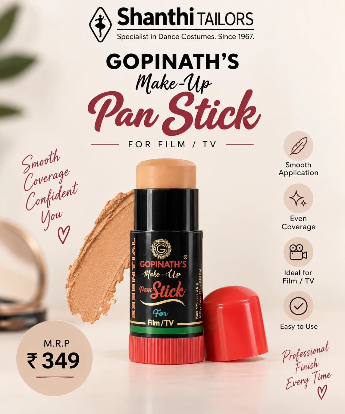 Gopinath Panstick makeup foundation stick in a light shade, offering smooth coverage for professional film/TV use.