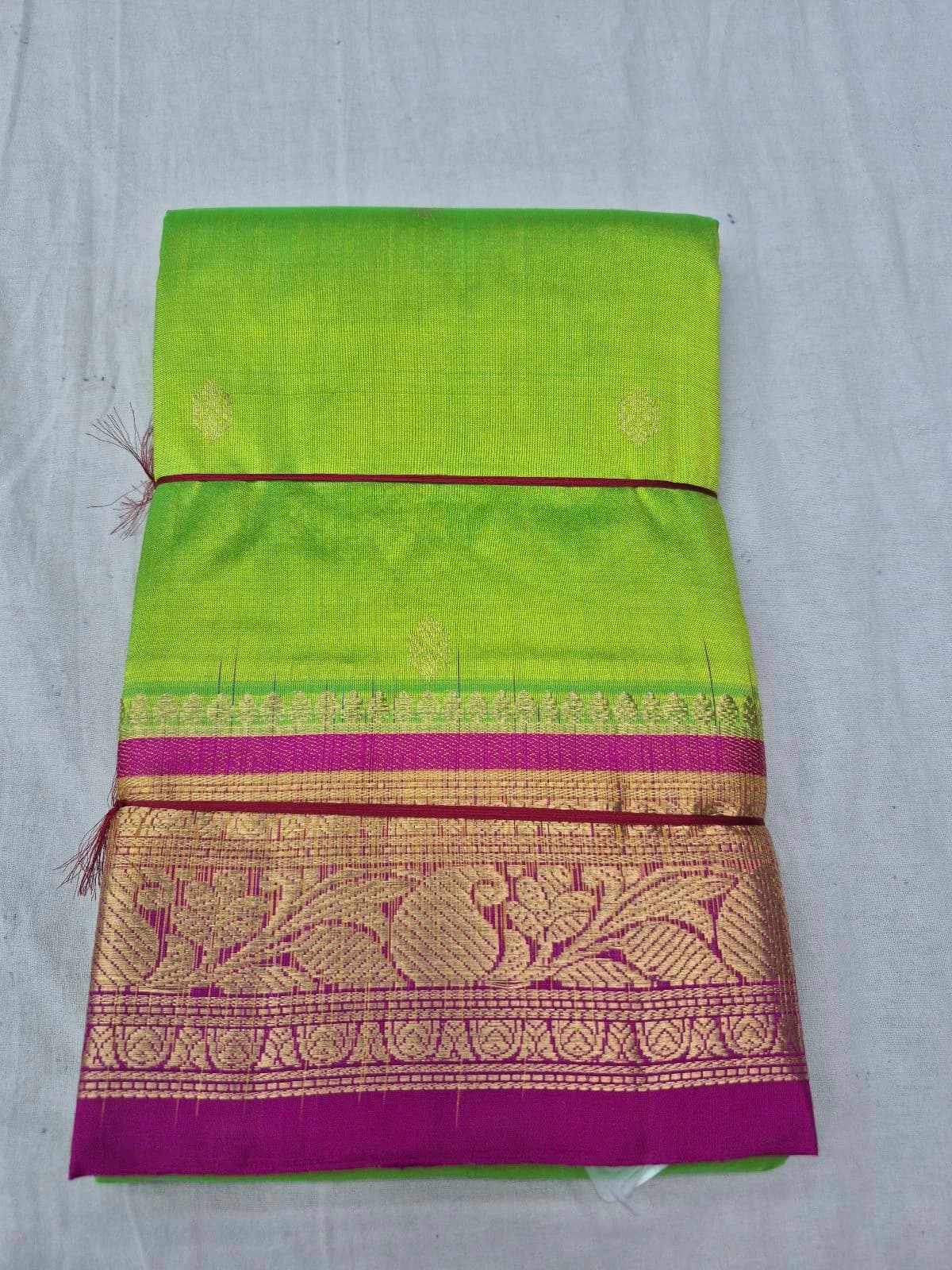 Lime Green Dharmavaram Silk Saree with Magenta Border