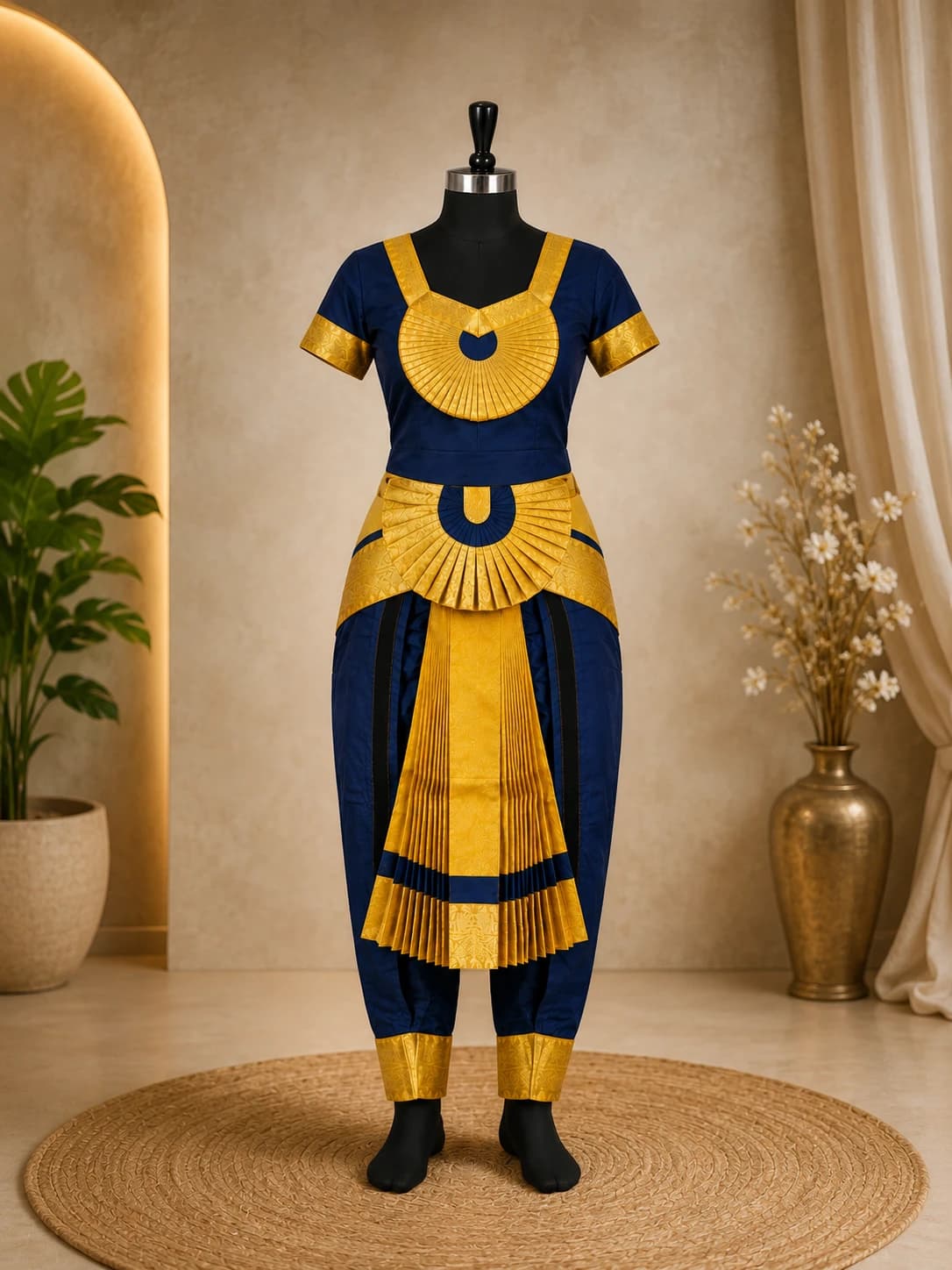 Dark Blue w Mustard Readymade Phant Bharathanatyam costume with pleated fan, displayed on a mannequin.