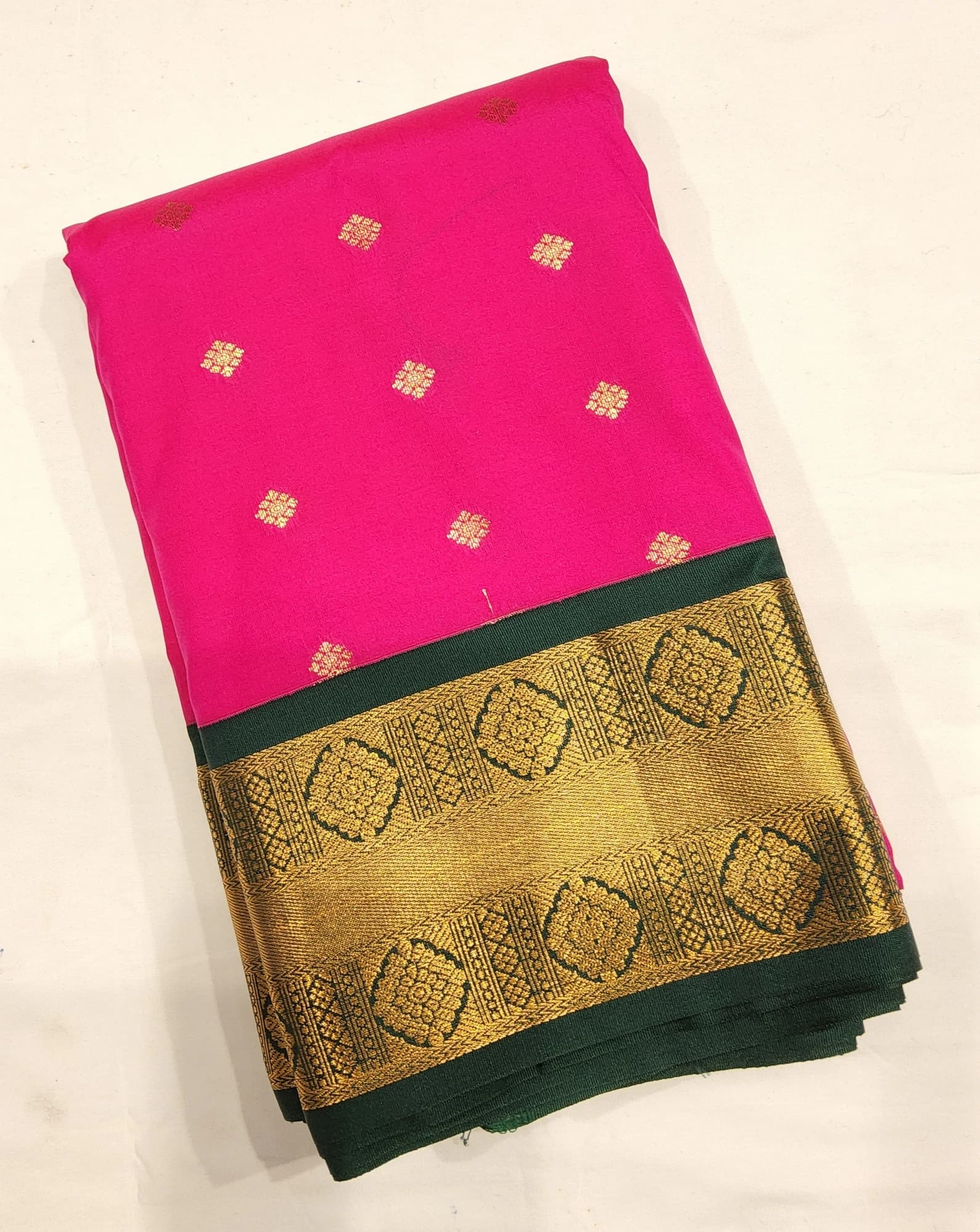 Pink w Green Margam Saree with gold motifs on body & broad green and gold zari border.