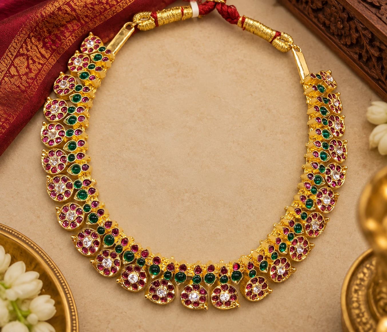 Copper Mango Necklace 86017 with traditional ruby, emerald, and white stone paisley designs on a gold finish.
