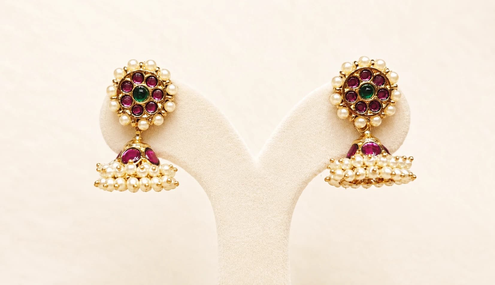 Margam Jummiki earrings. 1 line Copper Jewellery with green, ruby stones & pearls.