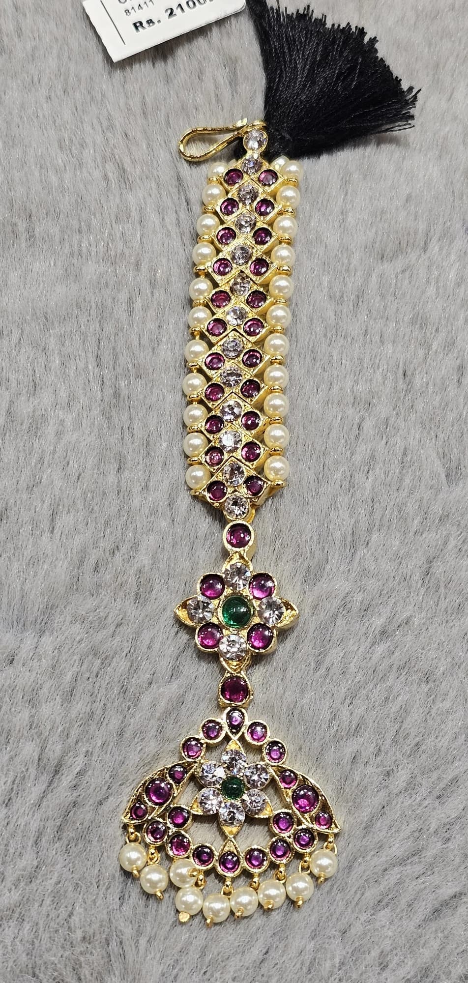 Leaf Traditional Chutty | Tikka 81411, gold-toned, featuring ruby & white stones, pearls & leaf pendant.