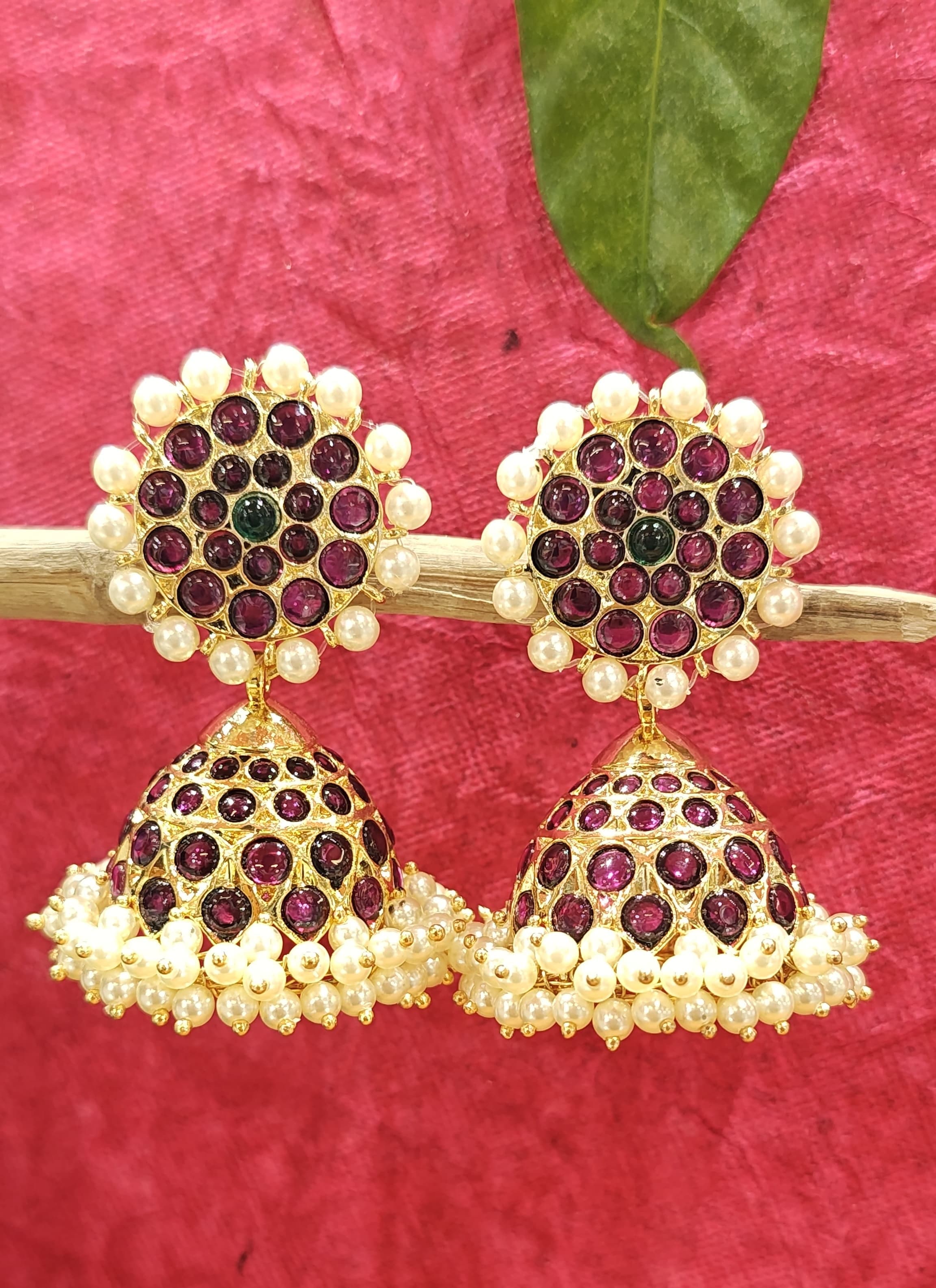 Margam Jummiki earrings, silver base gold leaf, classical Bharatanatyam jewellery close-up.