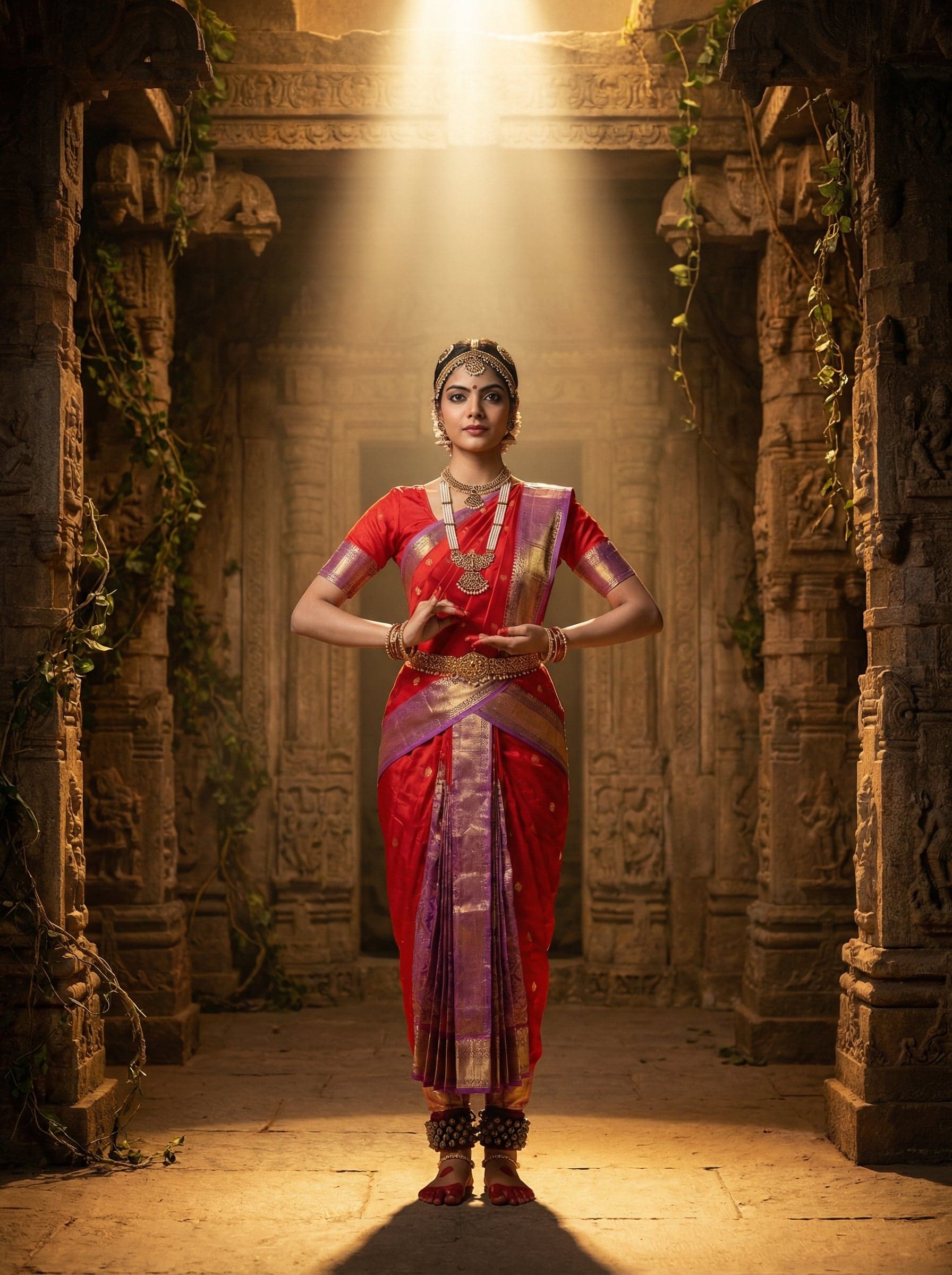 Bharatanatyam practice saree, authentic silk Kanchipuram, red & pink.