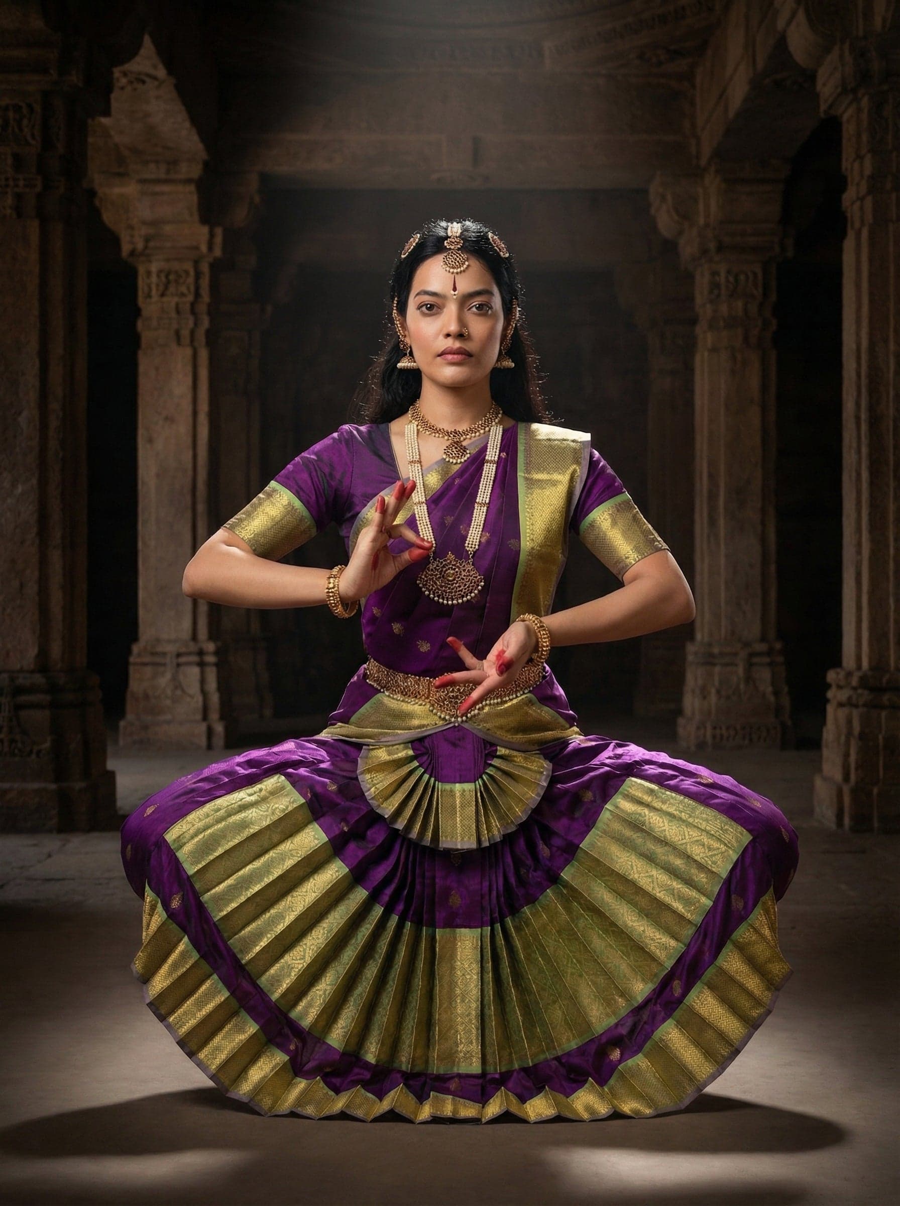 Bharatanatyam costume: Purple and Pista Kanchipuram authentic silk saree for dance performance.