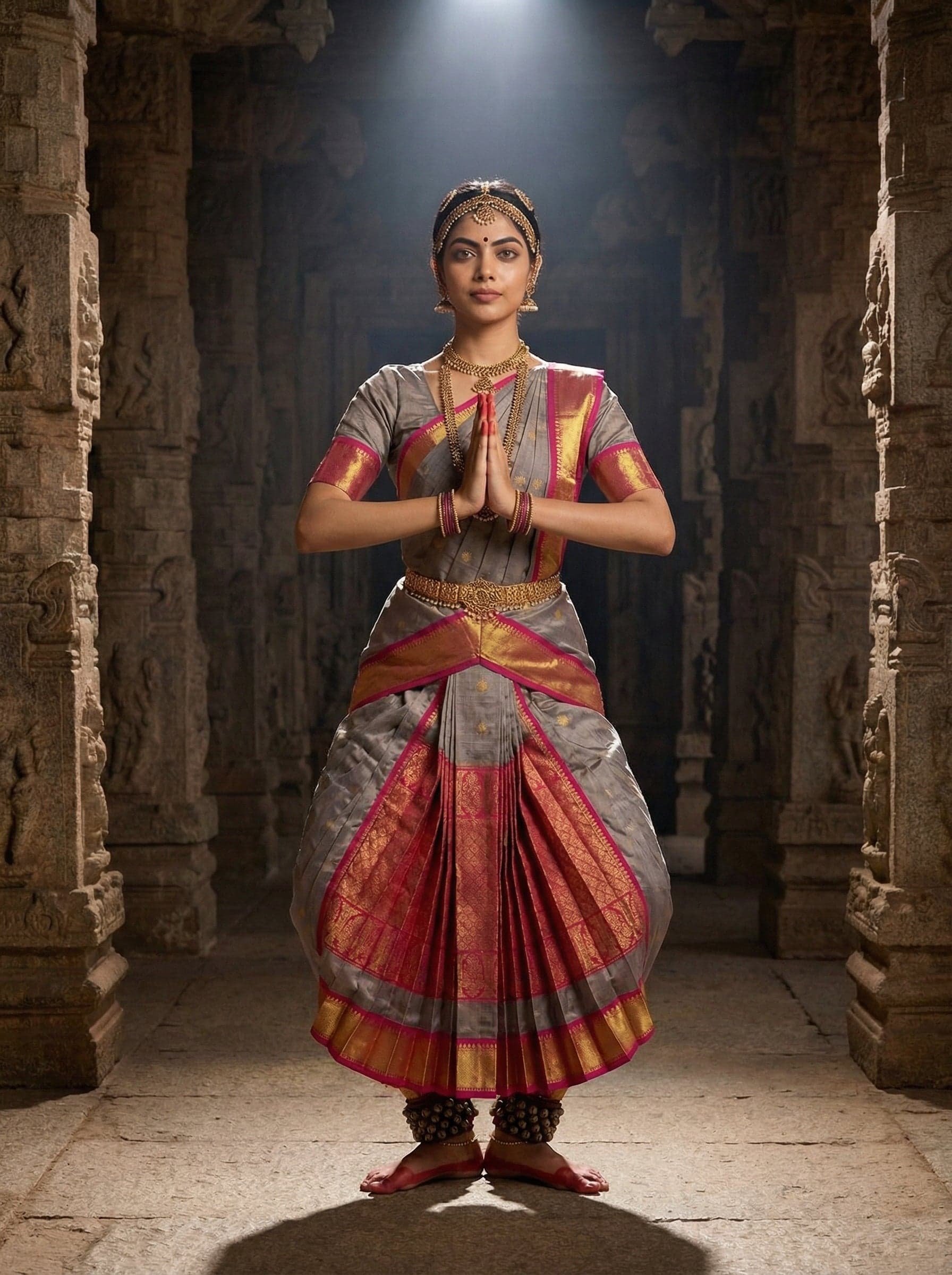 Grey and Rani Pink authentic silk Kanchipuram saree, ideal dance practice saree.
