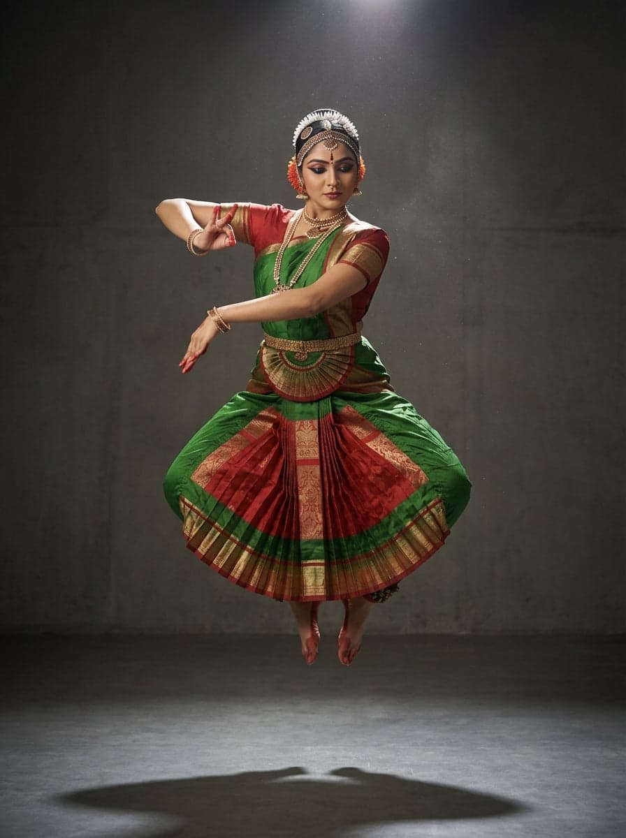 Bharatanatyam Dancer in Pasi Green & Meroon DMX Pant Costume. Classical Indian Dance performance.