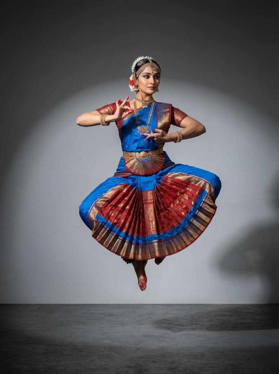 Bharatanatyam DMX Costume: Ramar Blue & Maroon pant outfit, dance pose, Indian classical dance wear.