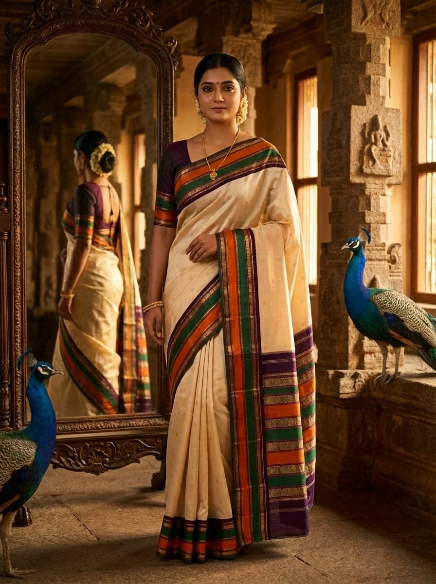 Half White Multi Kanchipuram Silk Saree. Dancer in Arangetram costume with 2G gold zari.