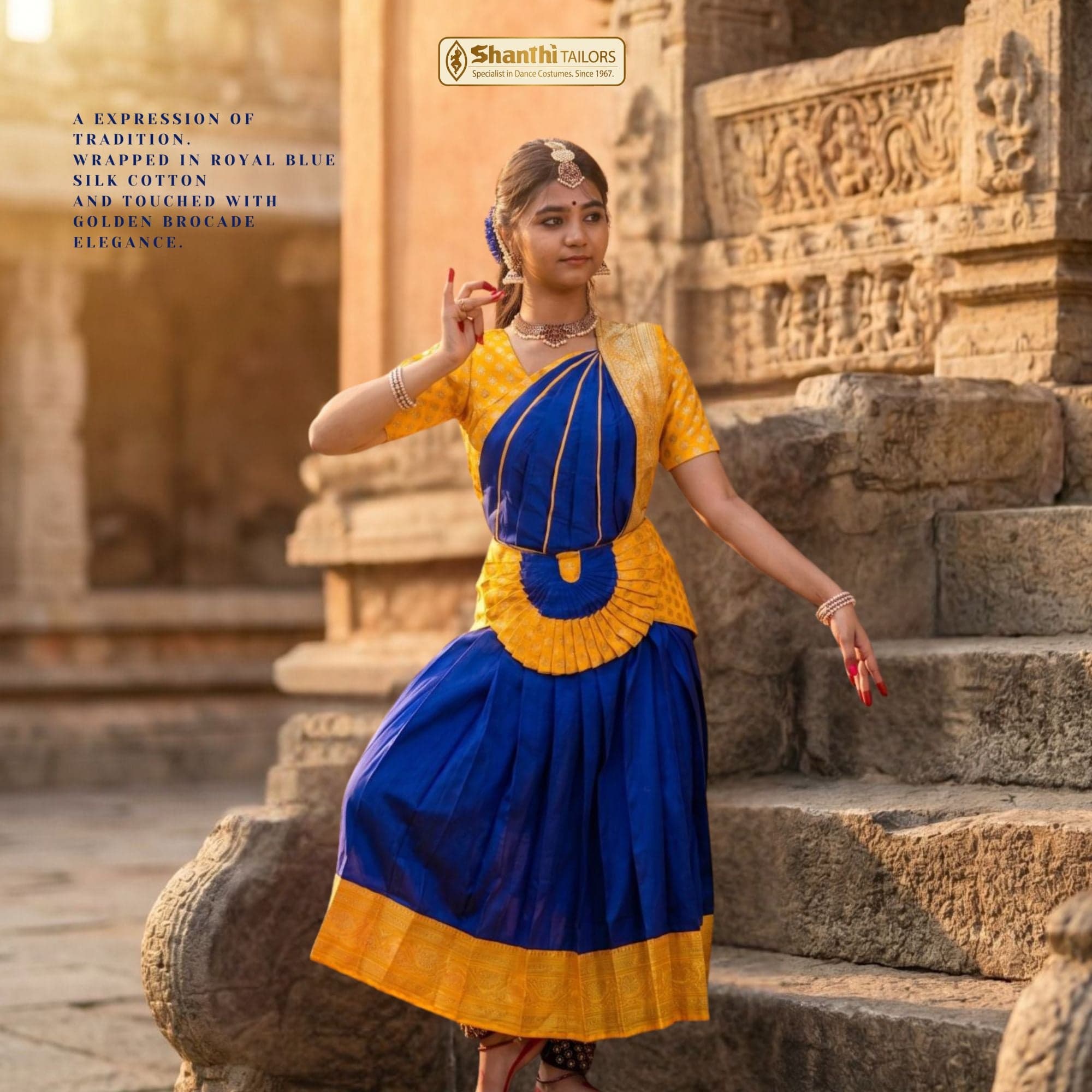 Royal blue & golden yellow Arangetram Bharatanatyam dance costume full view. Readymade skirt costume.