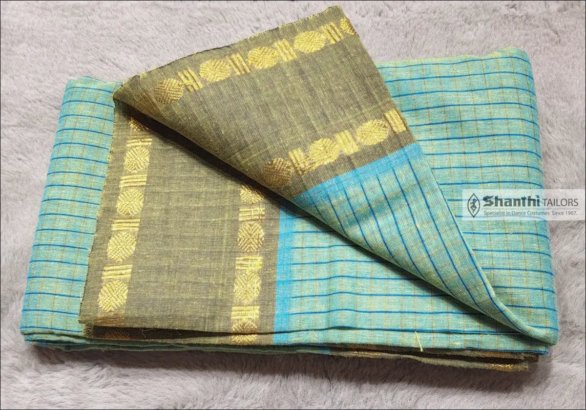 Apple Green Cotton Practice Saree with Rudratcha Border - Close-up of fabric and border detail.