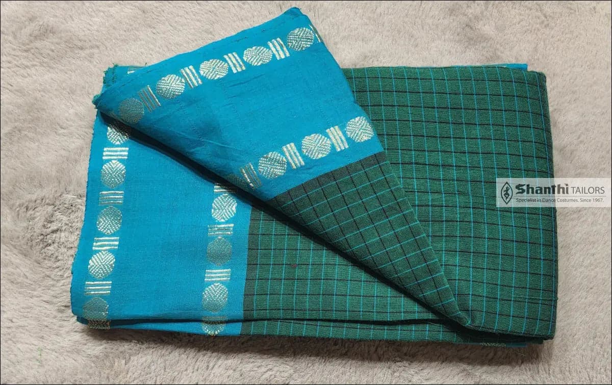Green & Blue Cotton Practice Saree with Rudratcha Border - Ideal for Bharatanatyam, Kuchipudi.