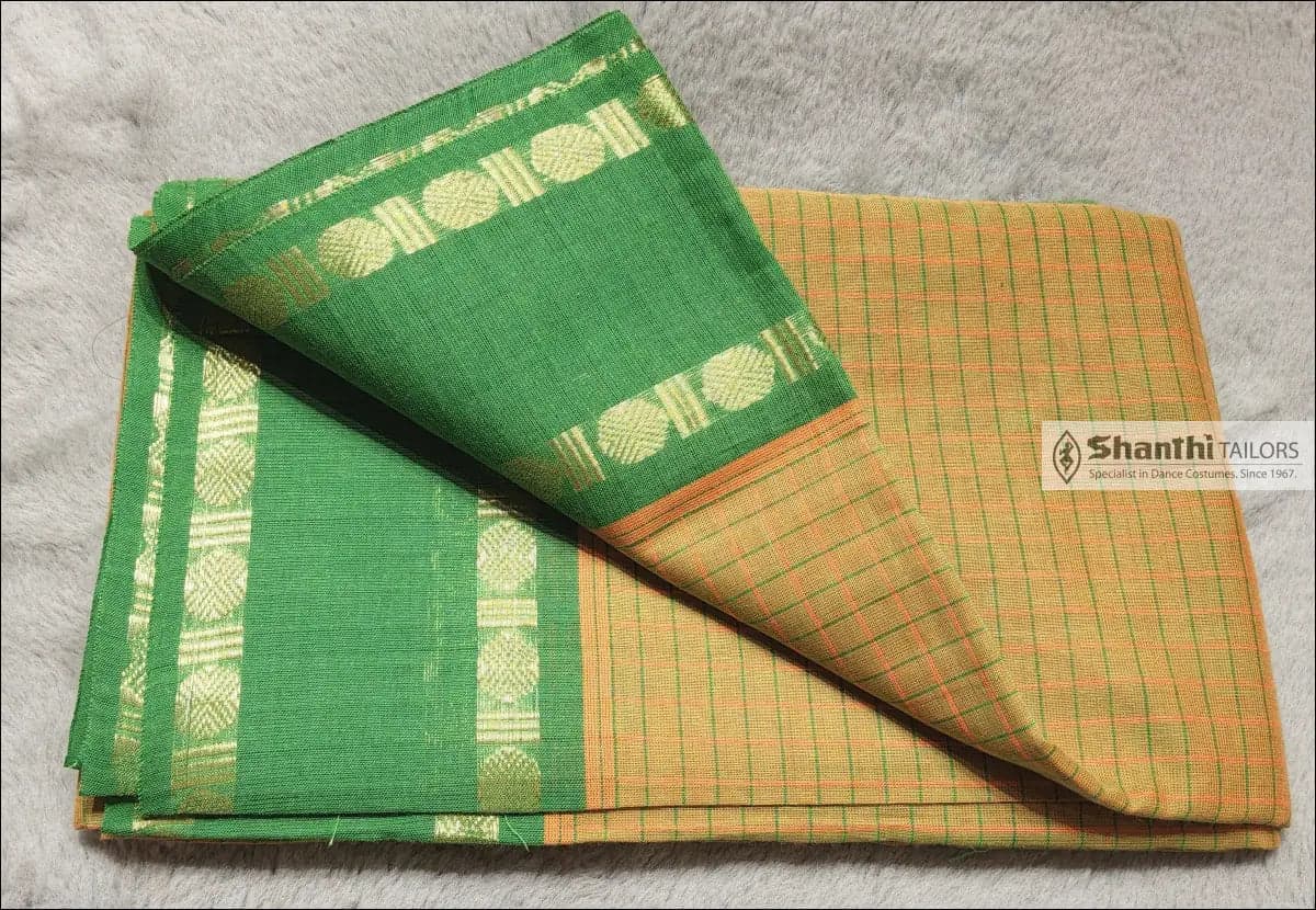 Mustard & Green Checked Practice Saree, Rudratcha Border - Cotton, 6 meters, for Indian dance.