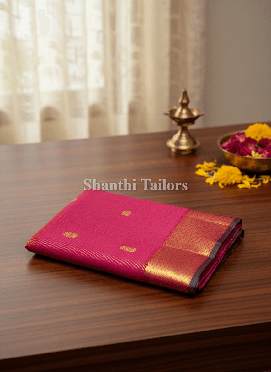 Pink Kanchipuram silk saree with gold zari border.