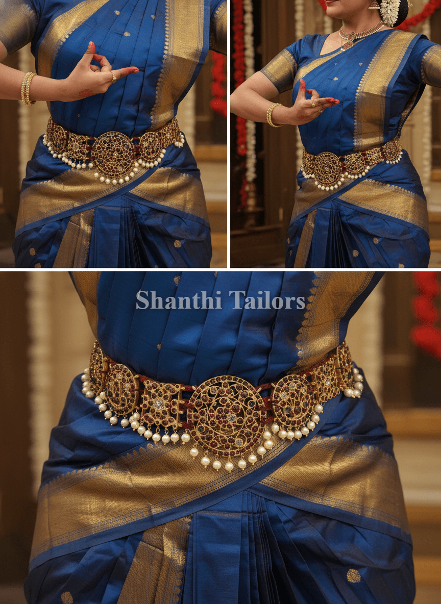 Close up of Round Peacock Belt, gold finish temple jewellery, bharatanatyam jewellery set details