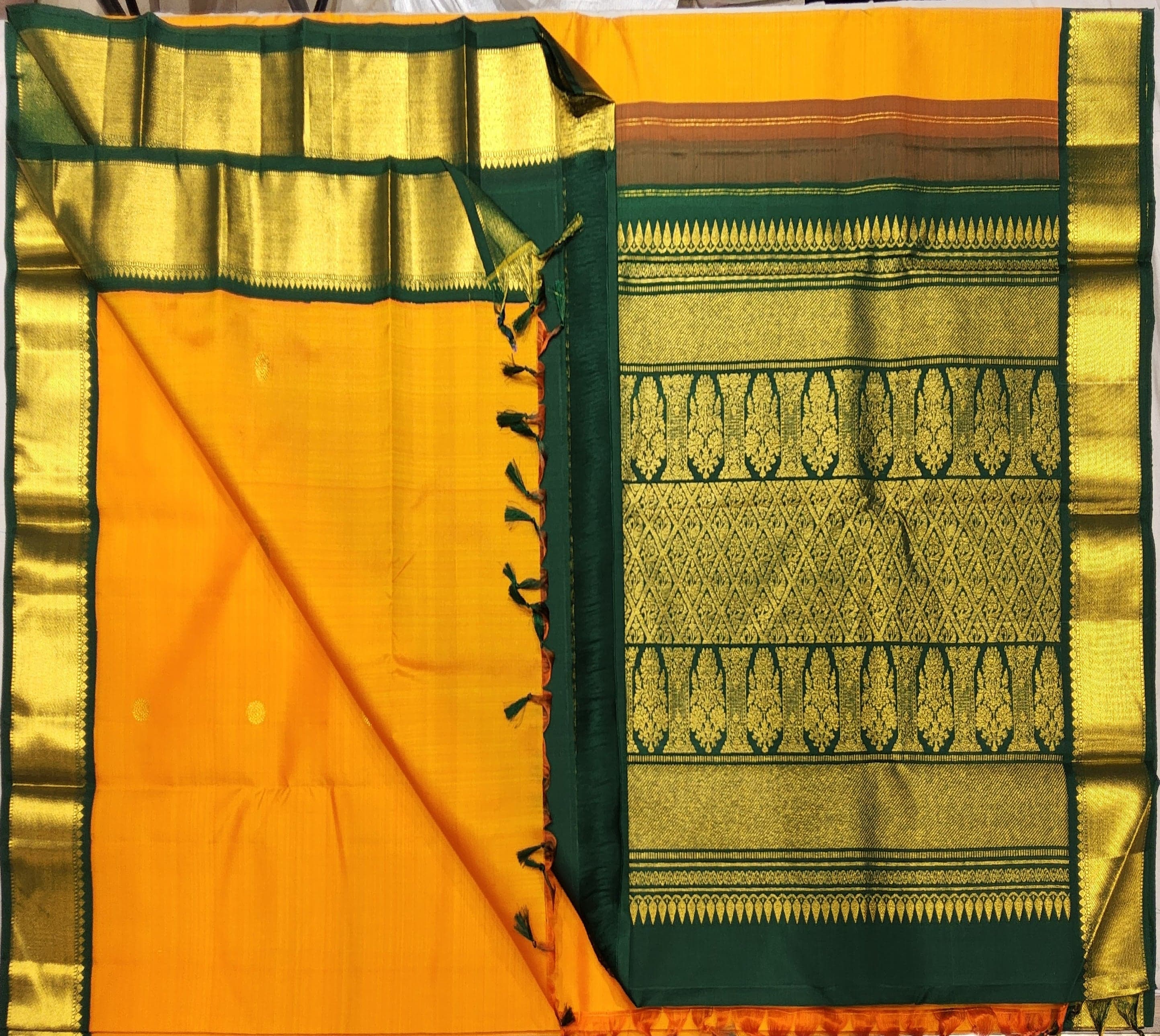 Arangetram Kanchipuram Silk Saree: Turmeric Yellow & Forest Green