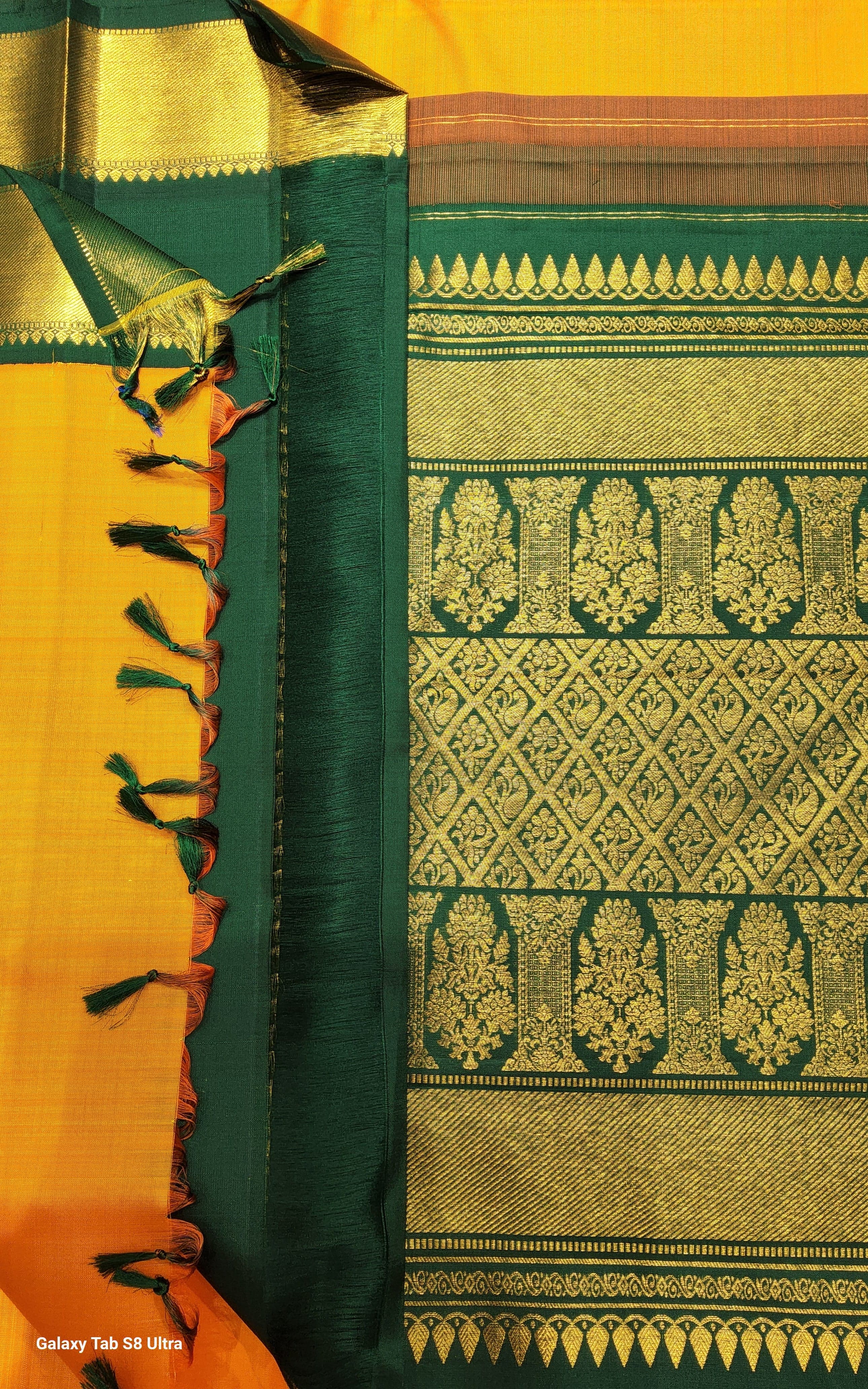 Arangetram Kanchipuram Silk Saree: Turmeric Yellow & Forest Green