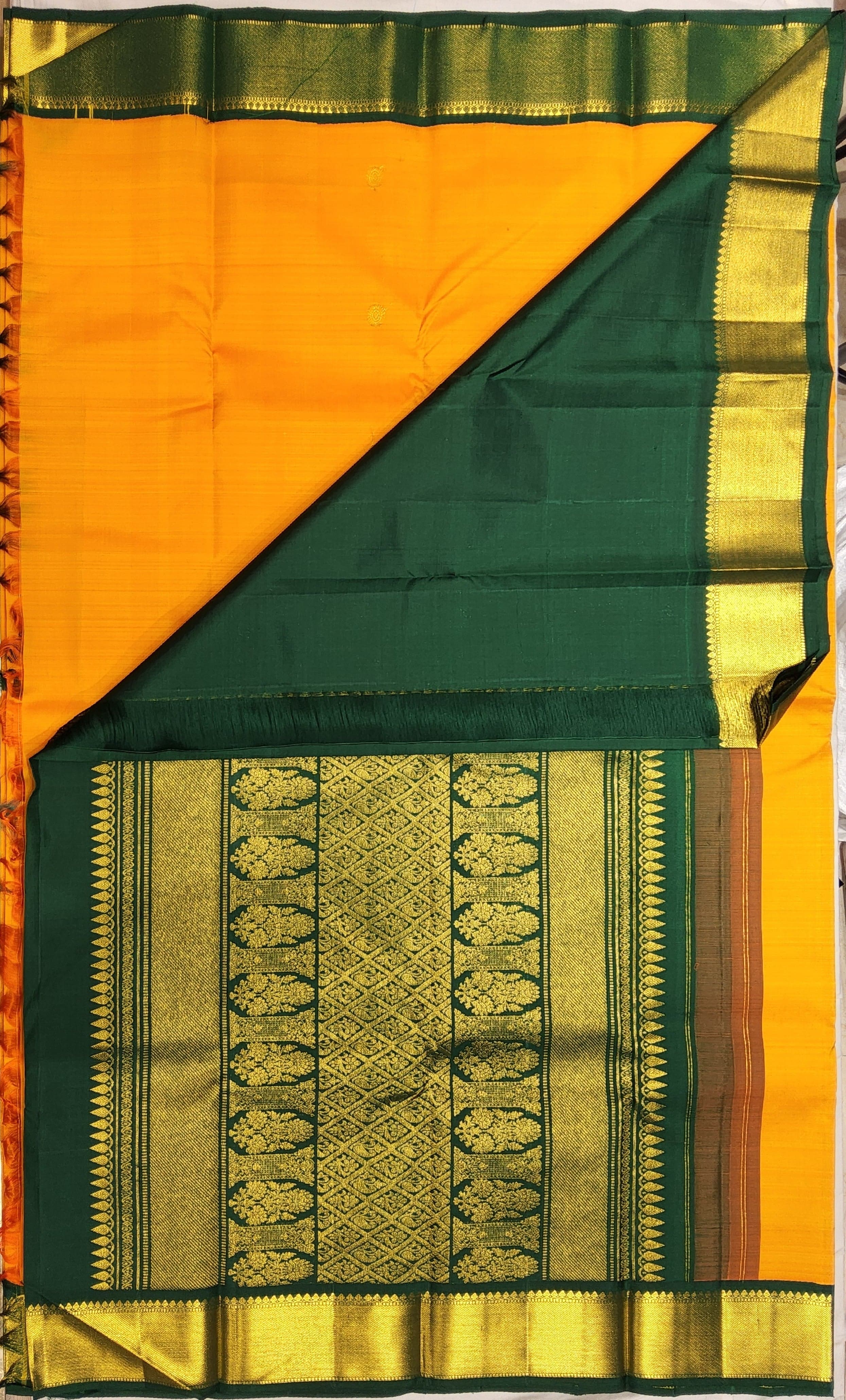 Arangetram Kanchipuram Silk Saree: Turmeric Yellow & Forest Green