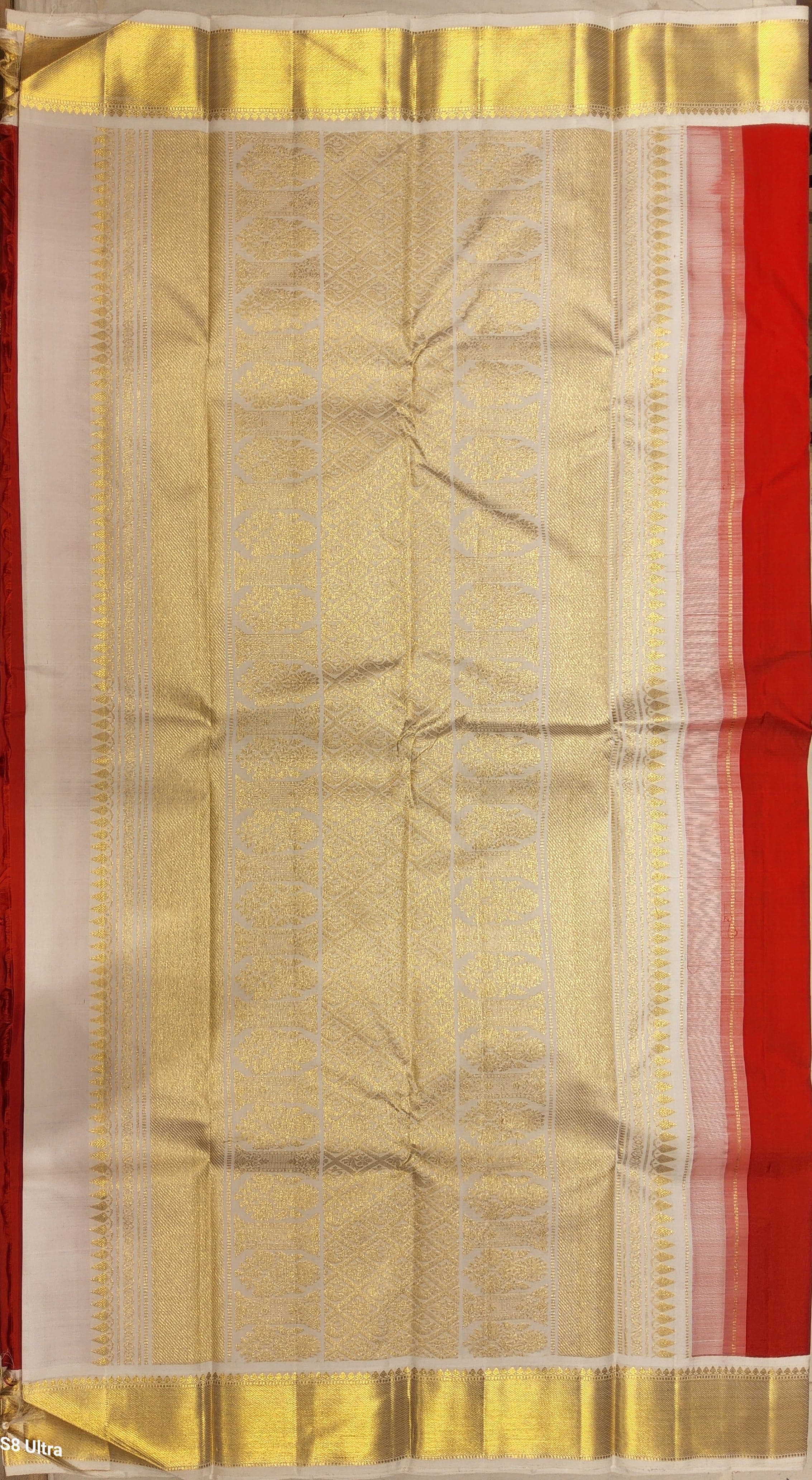 Arangetram Kanchipuram Silk Saree: Red & Half-White Gold Zari