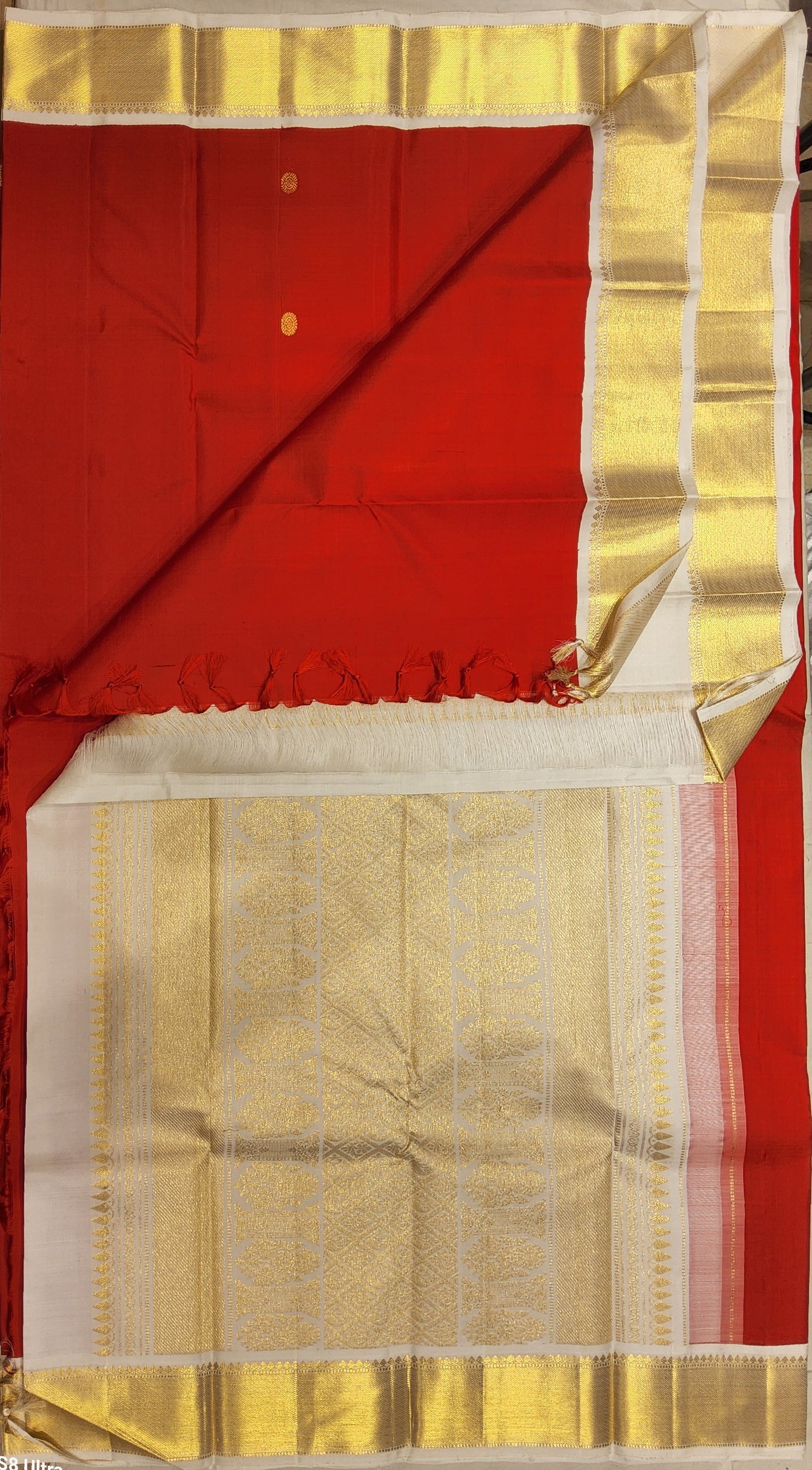 Arangetram Kanchipuram Silk Saree: Red & Half-White Gold Zari